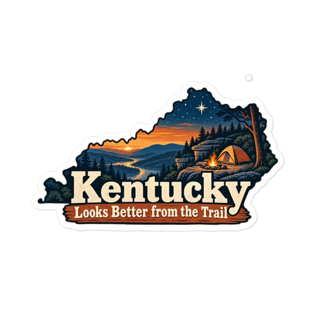 Kentucky Vinyl Sticker: Campsite beneath a starry sky, Colorful Kentucky Silhouette