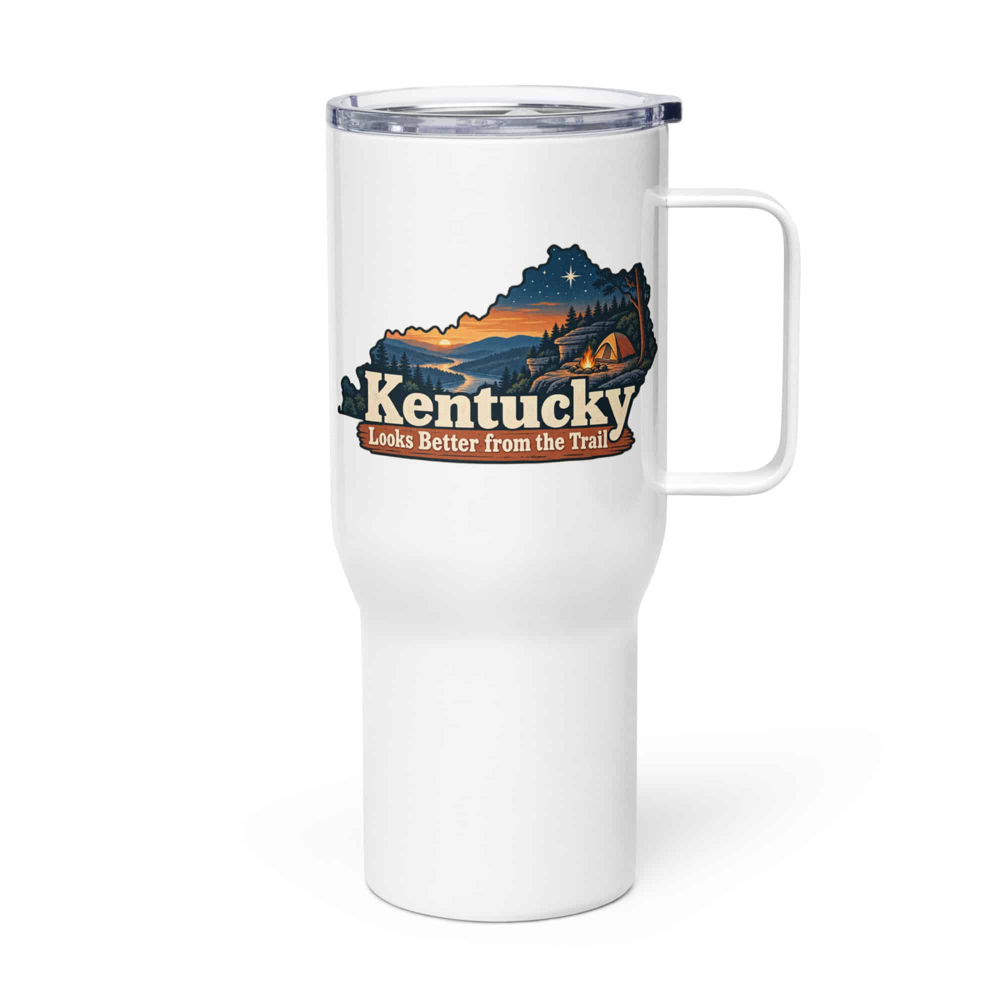 Kentucky Travel Mug: Campsite beneath a starry sky, Colorful Kentucky Silhouette