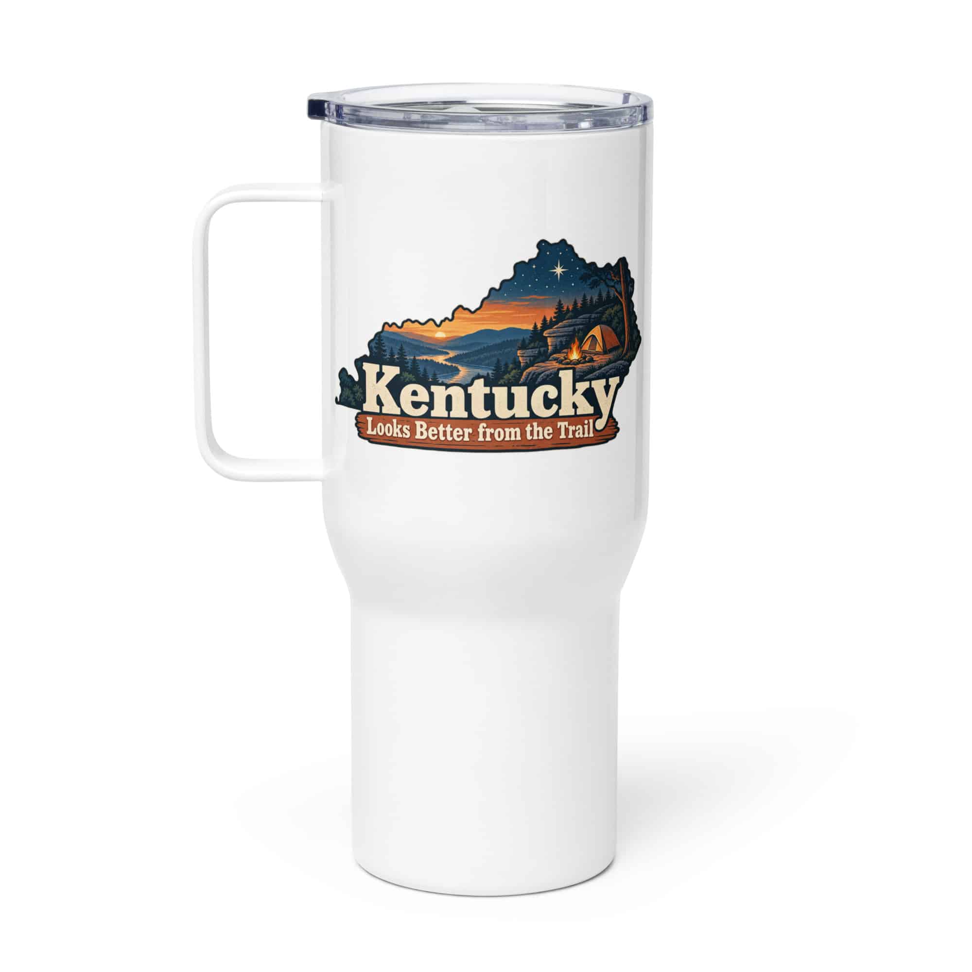 Kentucky Travel Mug: Campsite beneath a starry sky, Colorful Kentucky Silhouette