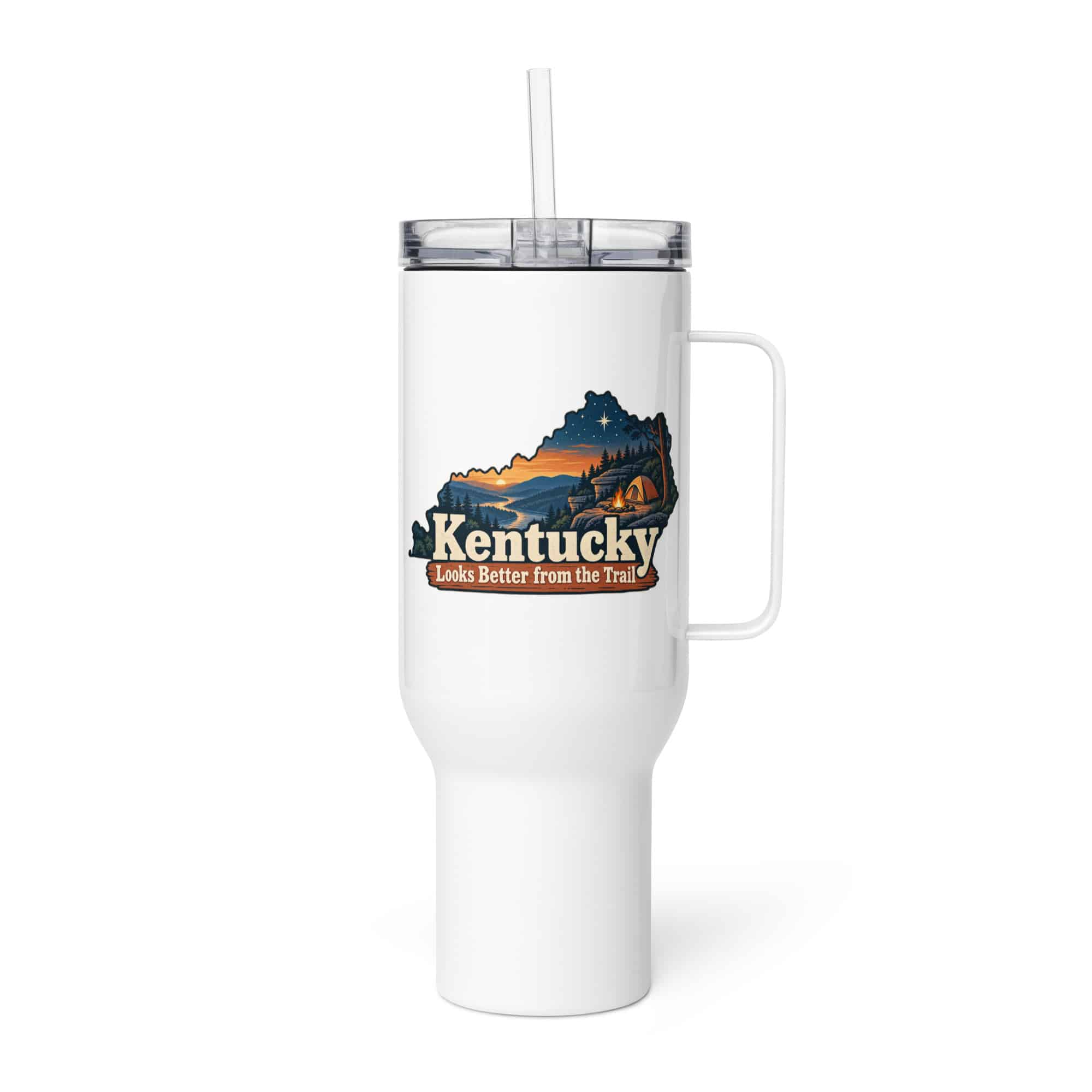 Kentucky Travel Mug: Campsite beneath a starry sky, Colorful Kentucky Silhouette
