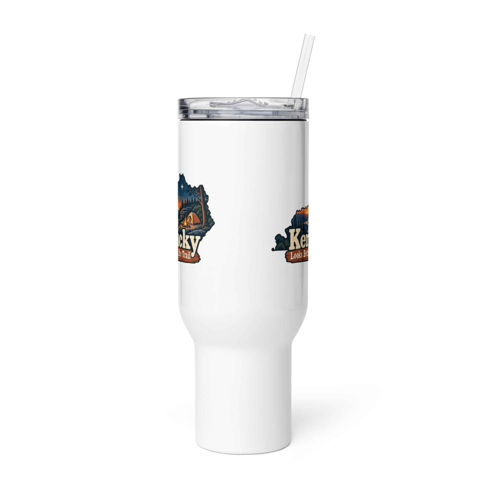 Kentucky Travel Mug: Campsite beneath a starry sky, Colorful Kentucky Silhouette
