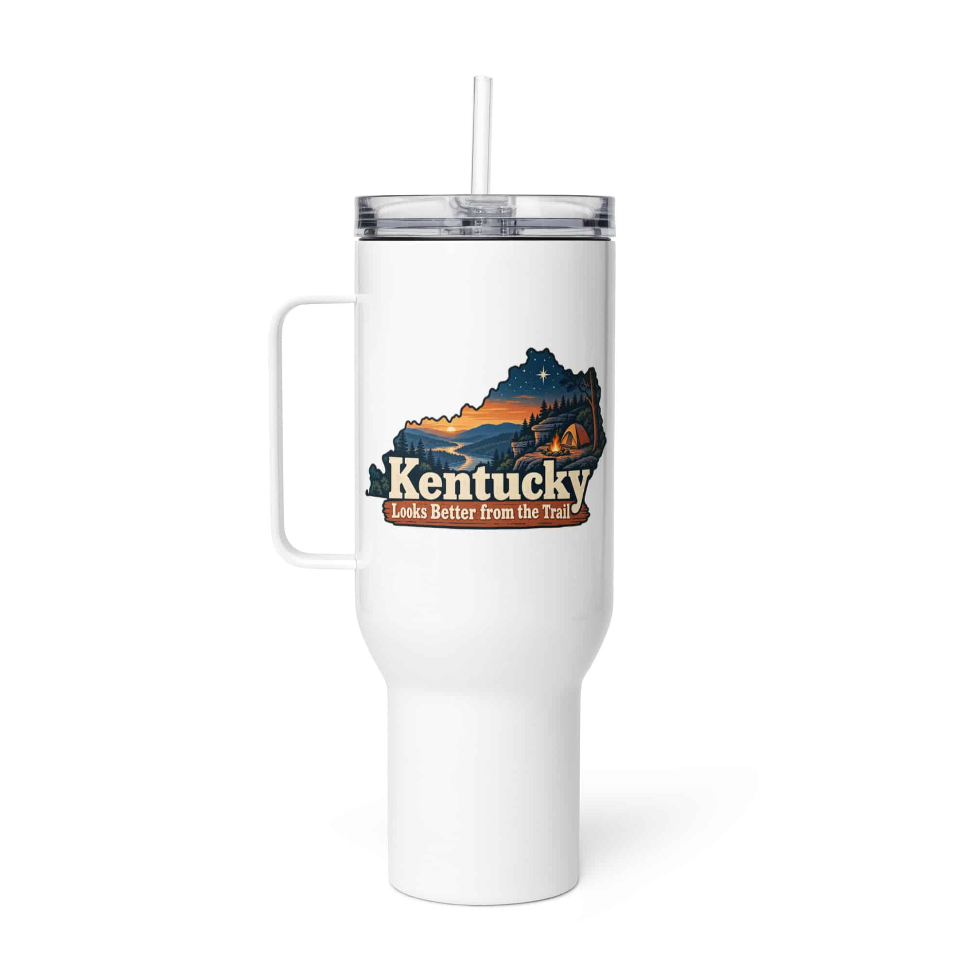 Kentucky Travel Mug: Campsite beneath a starry sky, Colorful Kentucky Silhouette