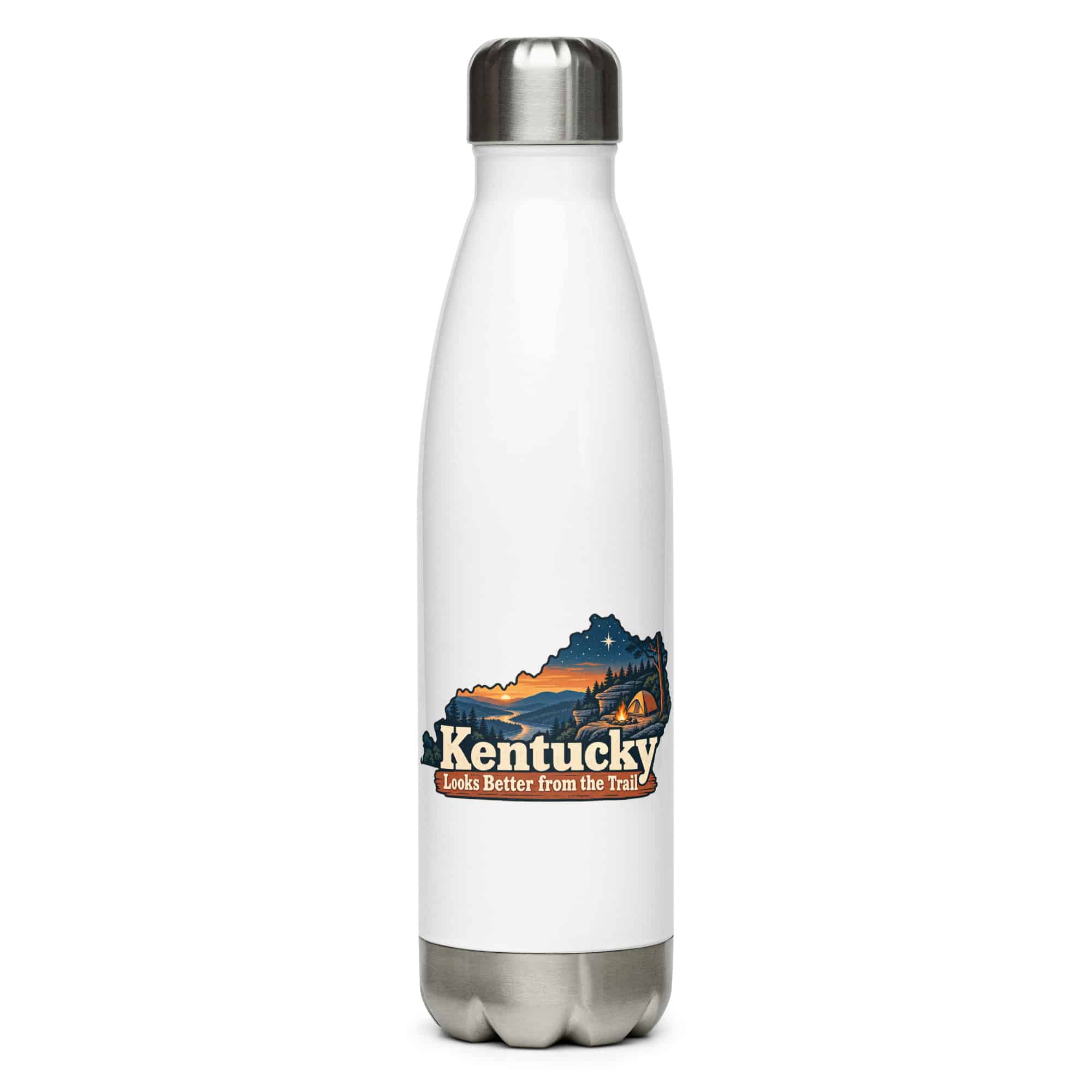 Kentucky Stainless Steel Water Bottle: Campsite beneath a starry sky, Colorful Kentucky Silhouette