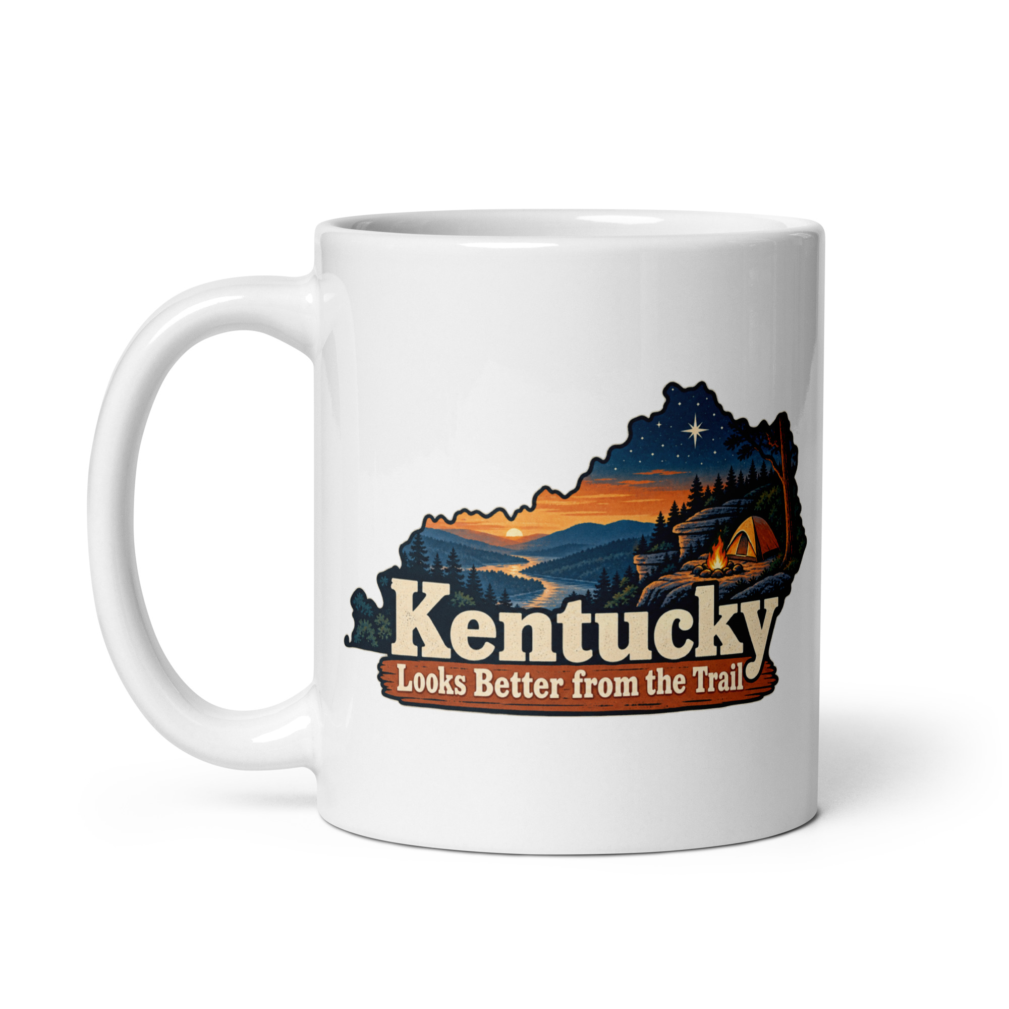 Kentucky White Ceramic Coffee Mug: Campsite beneath a starry sky, Colorful Kentucky Silhouette