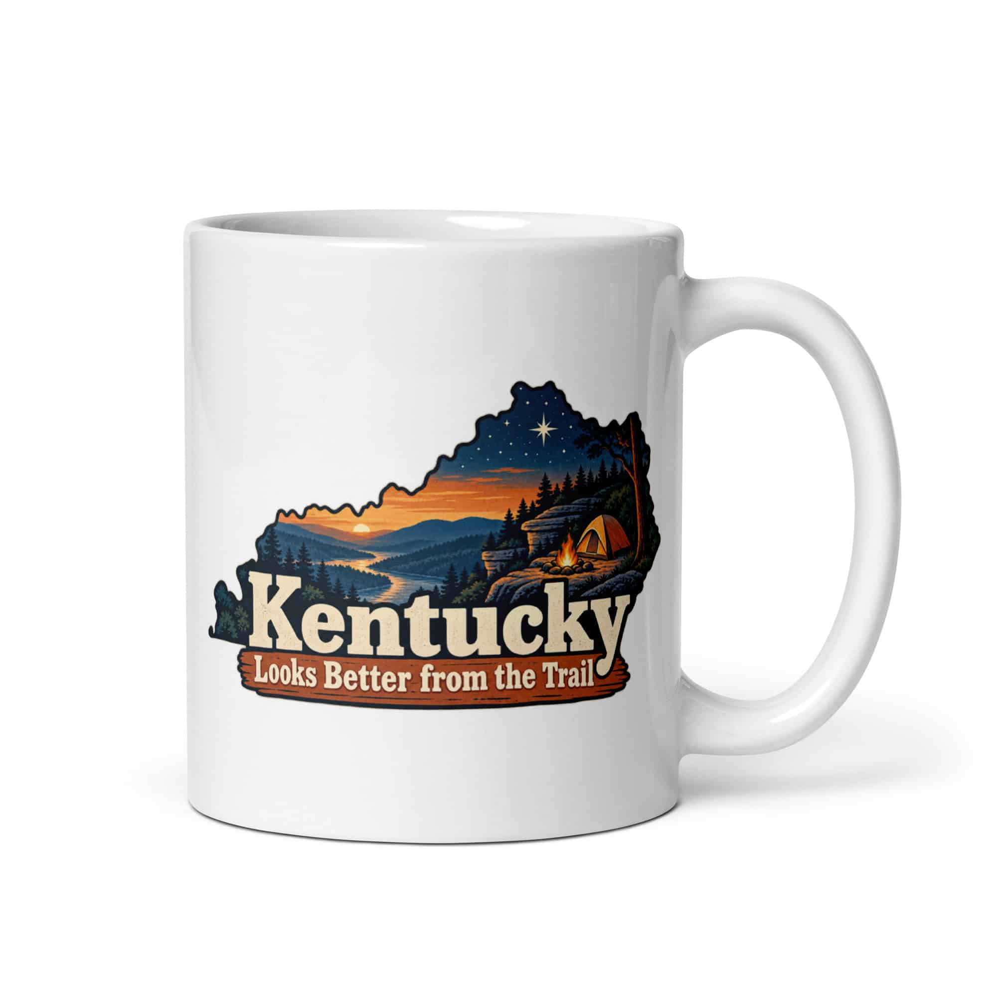 Kentucky White Ceramic Coffee Mug: Campsite beneath a starry sky, Colorful Kentucky Silhouette
