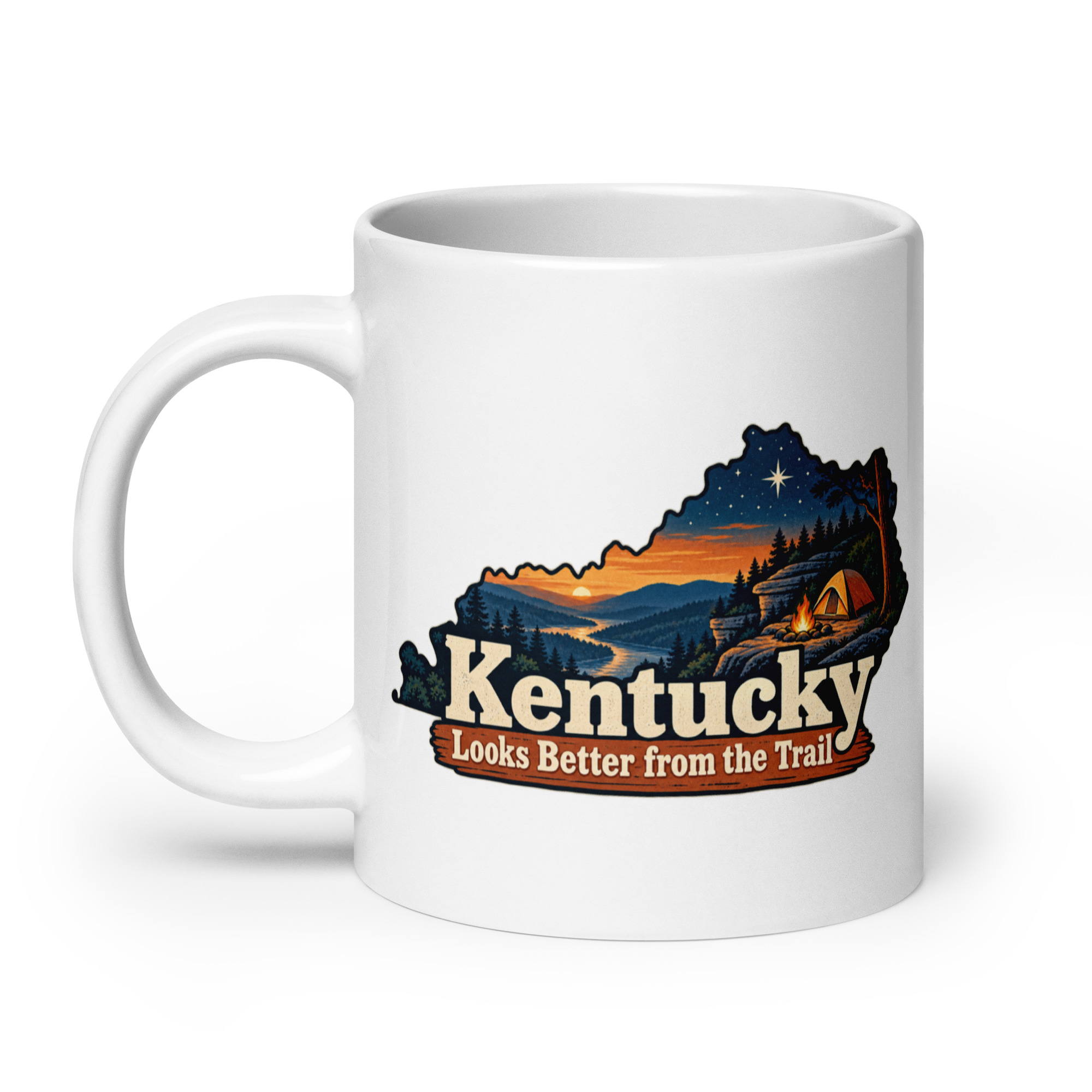 Kentucky White Ceramic Coffee Mug: Campsite beneath a starry sky, Colorful Kentucky Silhouette
