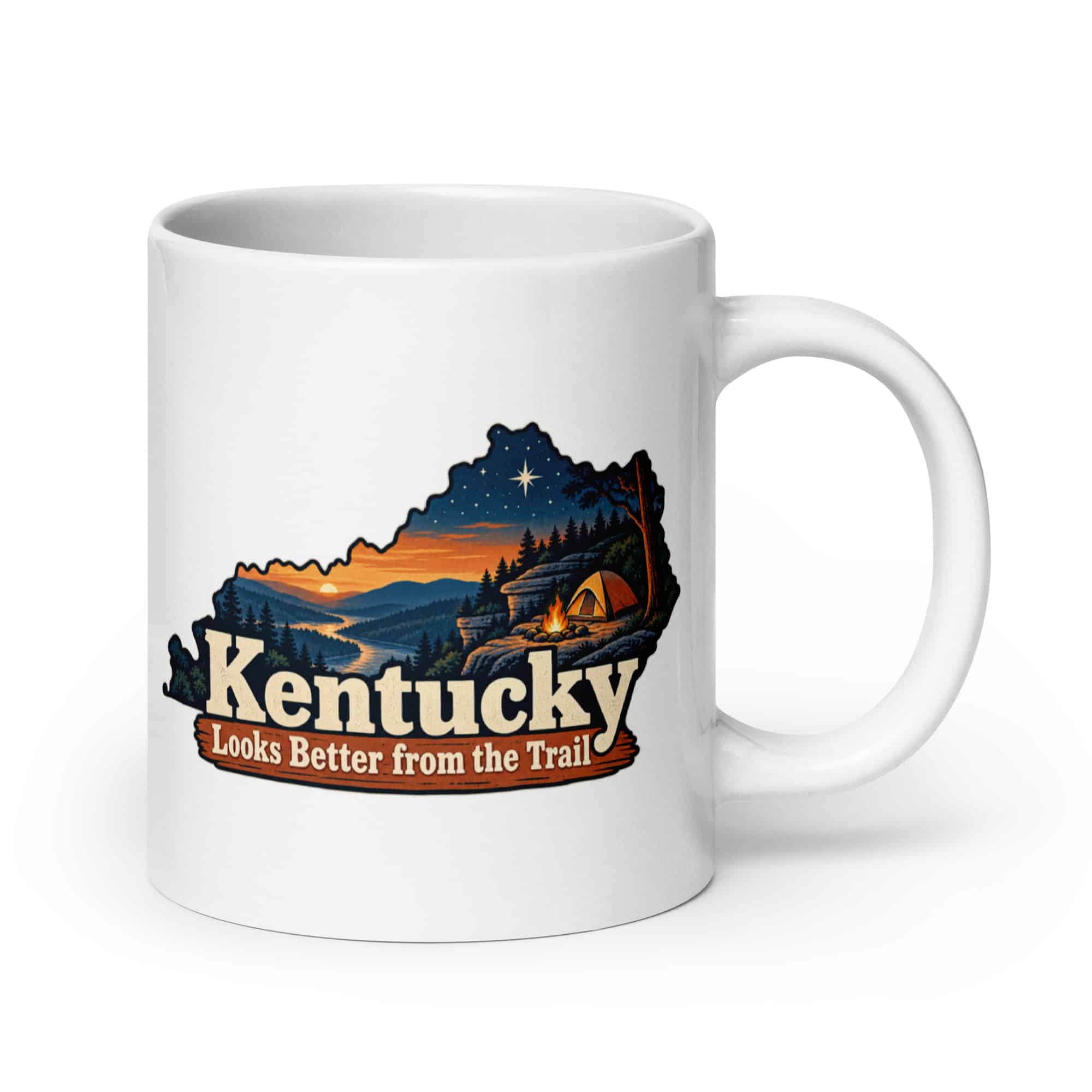 Kentucky White Ceramic Coffee Mug: Campsite beneath a starry sky, Colorful Kentucky Silhouette