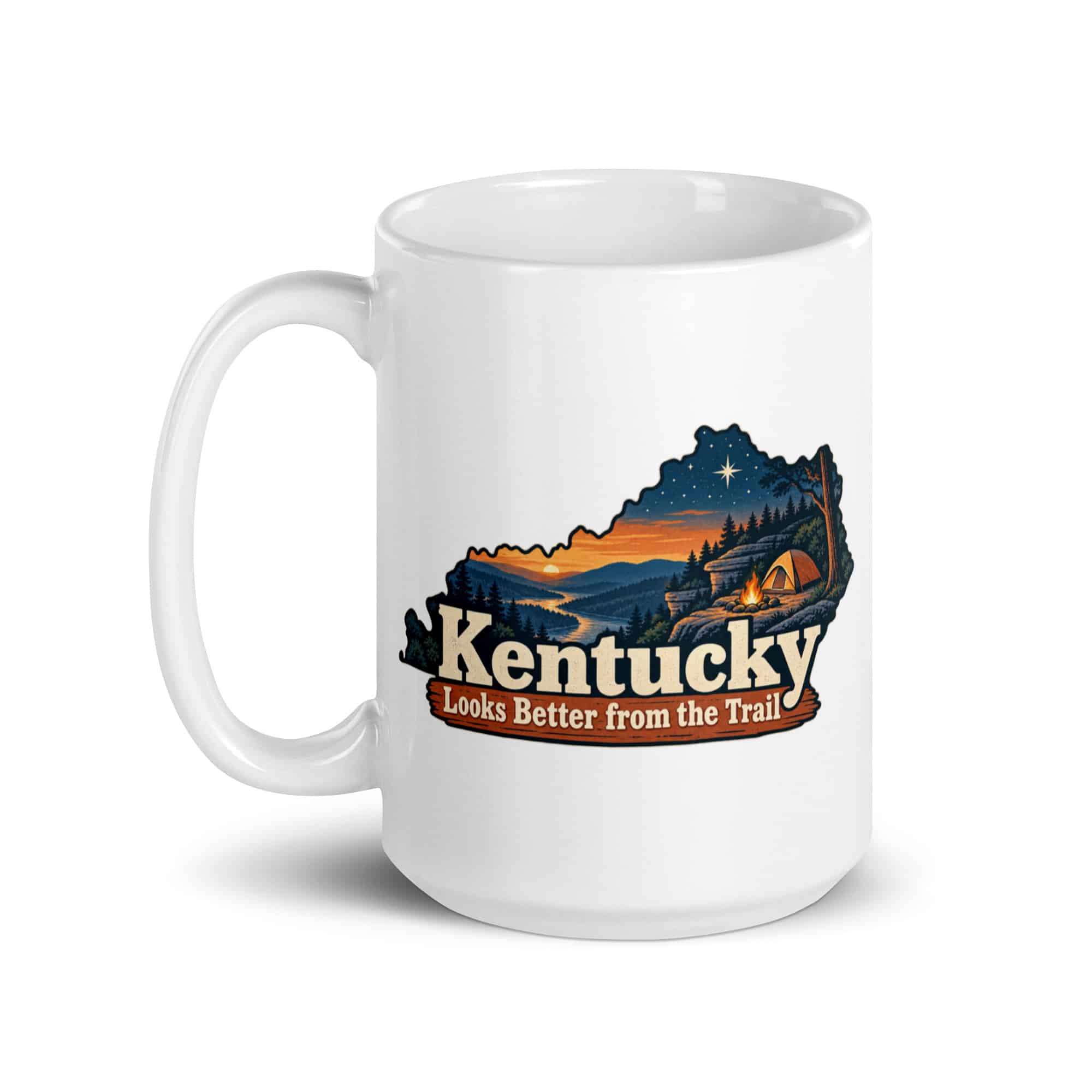 Kentucky White Ceramic Coffee Mug: Campsite beneath a starry sky, Colorful Kentucky Silhouette