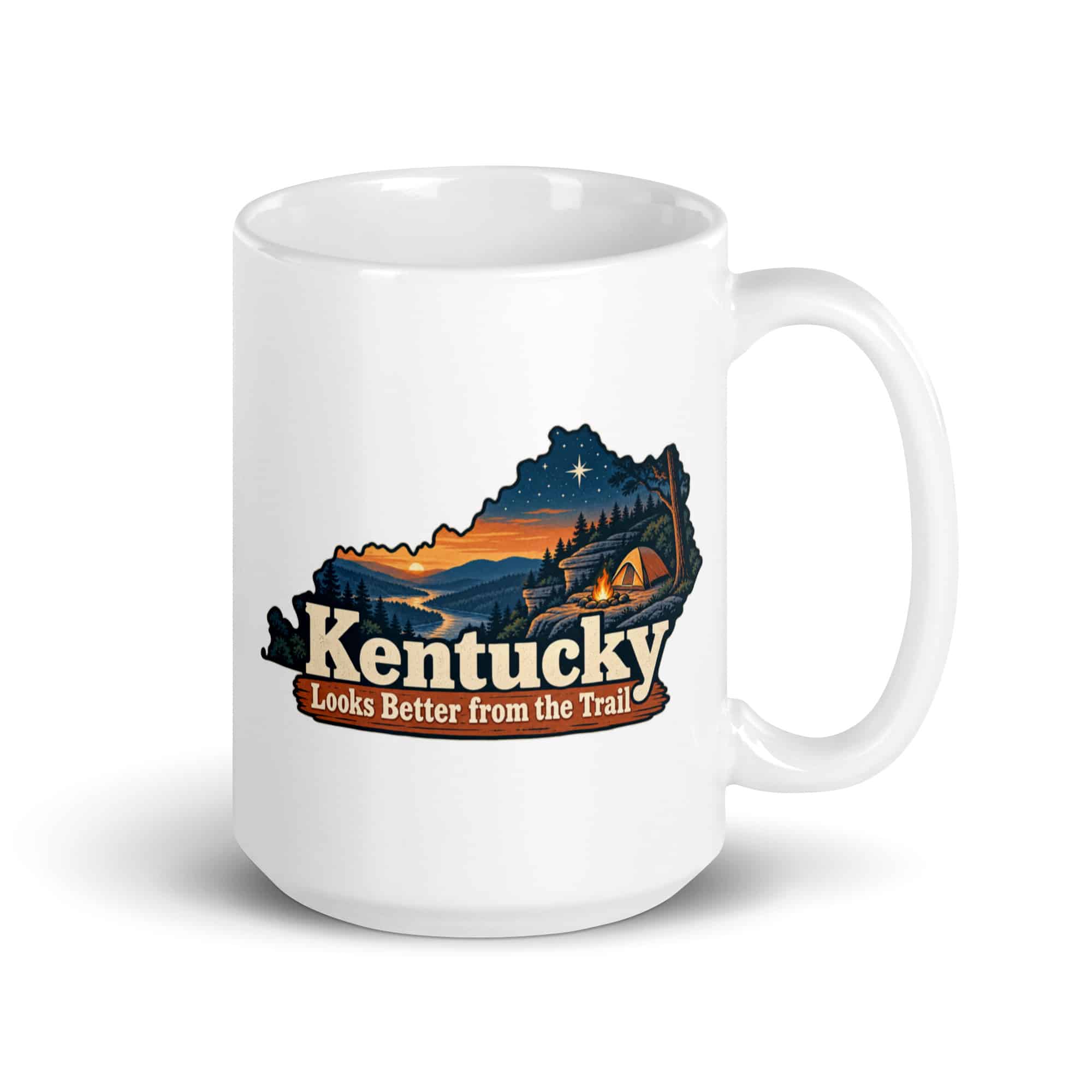 Kentucky White Ceramic Coffee Mug: Campsite beneath a starry sky, Colorful Kentucky Silhouette
