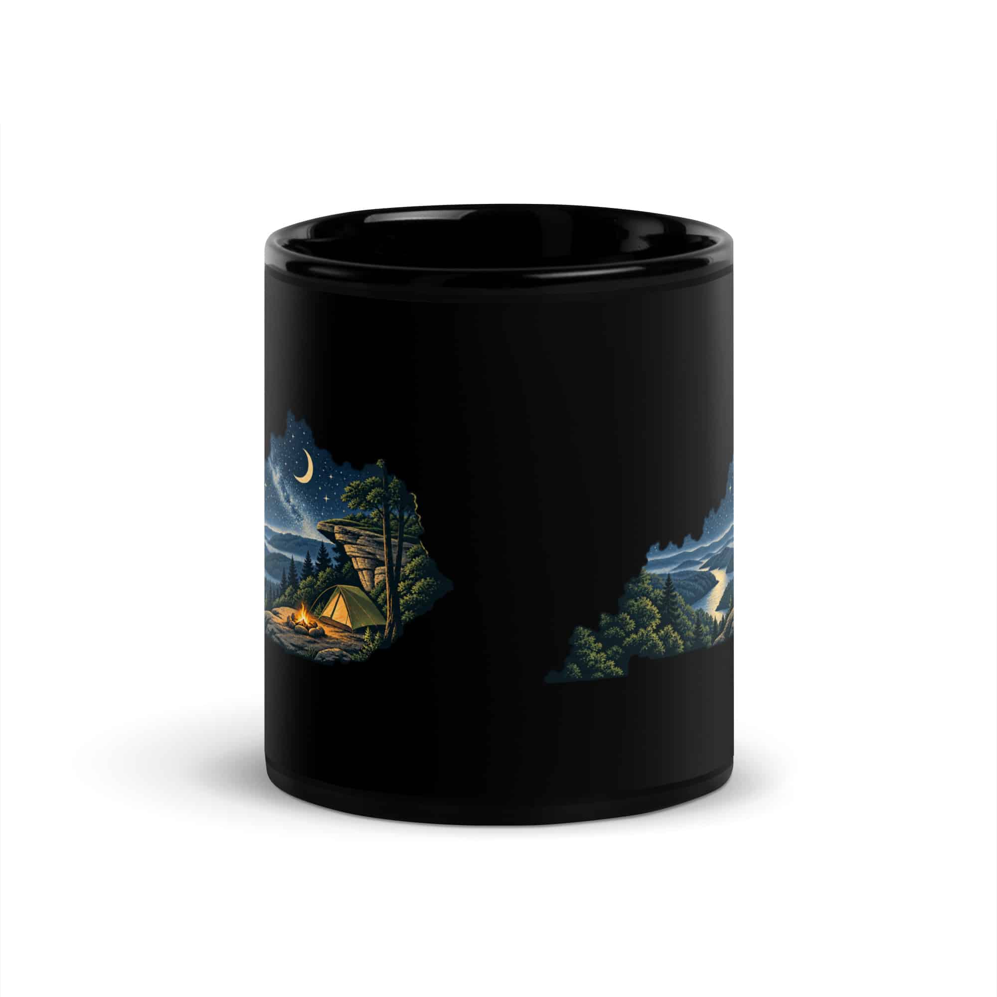 Kentucky Black Coffee Mug: Campsite beneath a starry sky, Illustrated Kentucky Silhouette