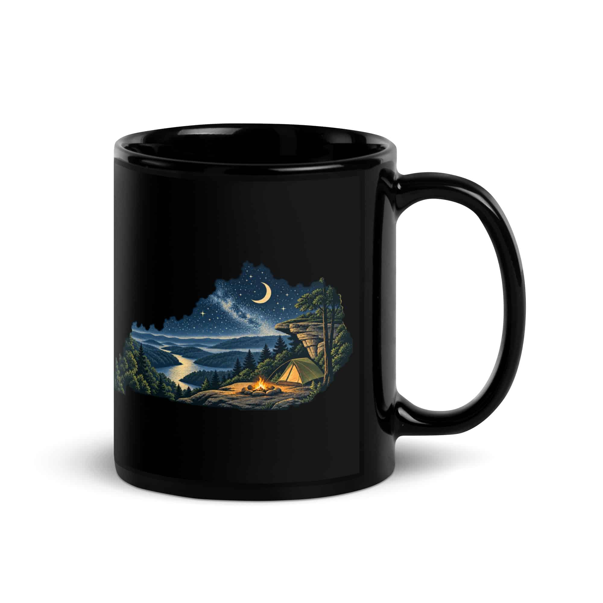 Kentucky Black Coffee Mug: Campsite beneath a starry sky, Illustrated Kentucky Silhouette