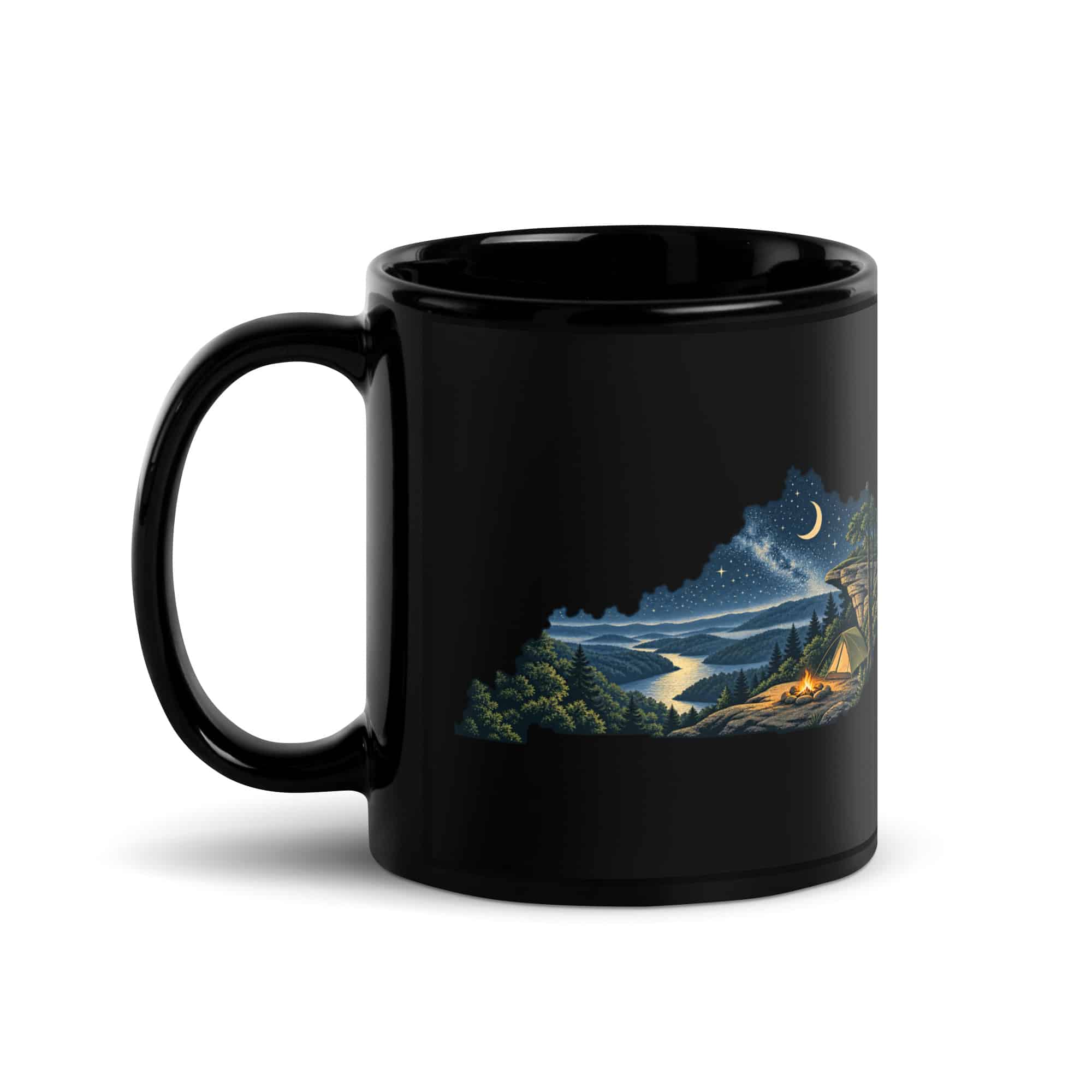 Kentucky Black Coffee Mug: Campsite beneath a starry sky, Illustrated Kentucky Silhouette