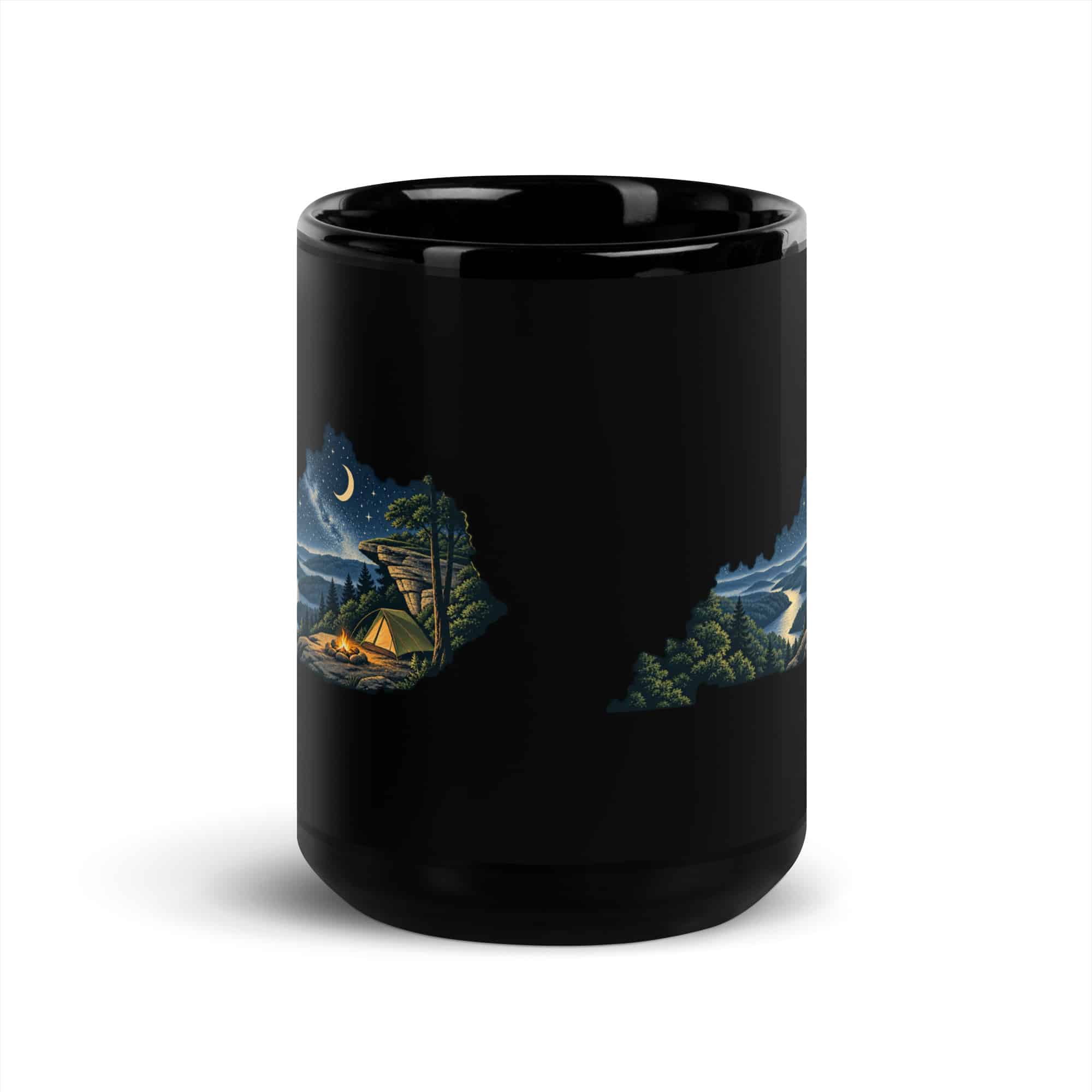 Kentucky Black Coffee Mug: Campsite beneath a starry sky, Illustrated Kentucky Silhouette