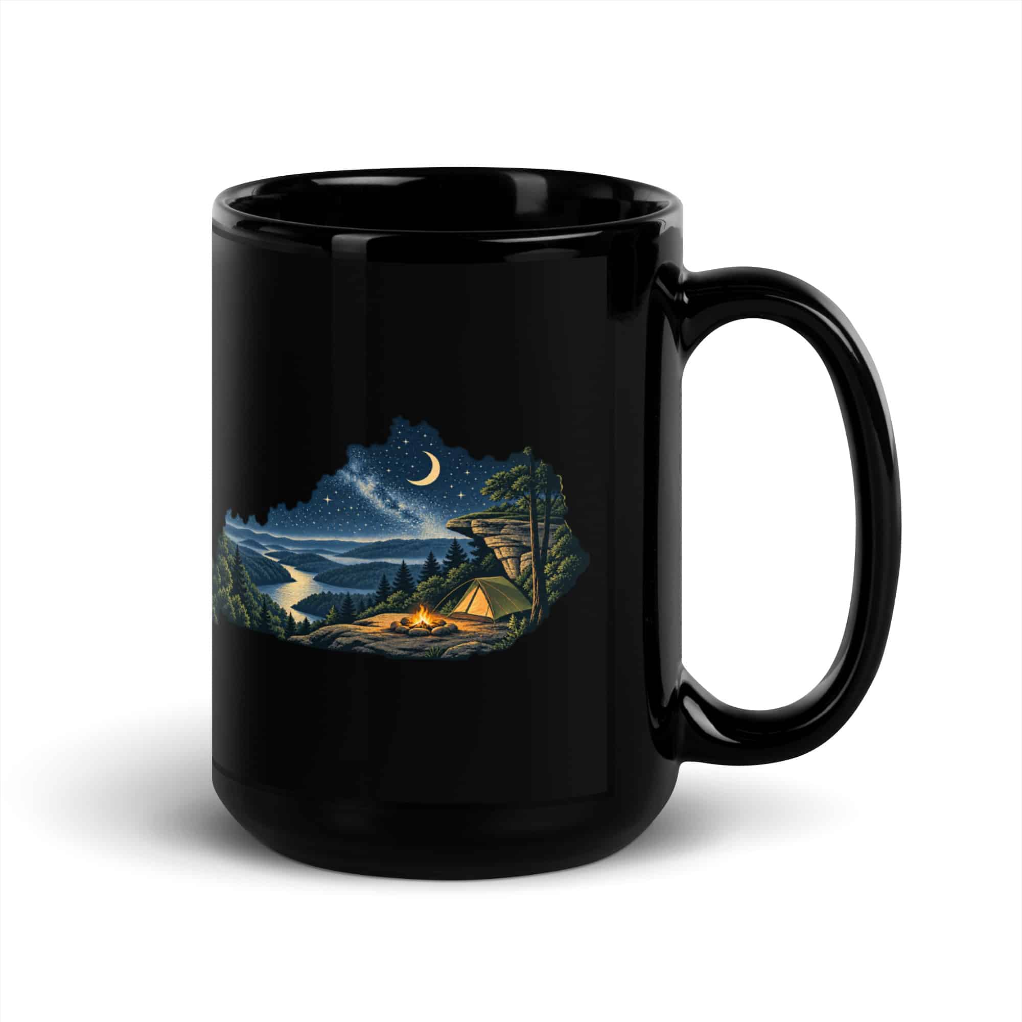 Kentucky Black Coffee Mug: Campsite beneath a starry sky, Illustrated Kentucky Silhouette