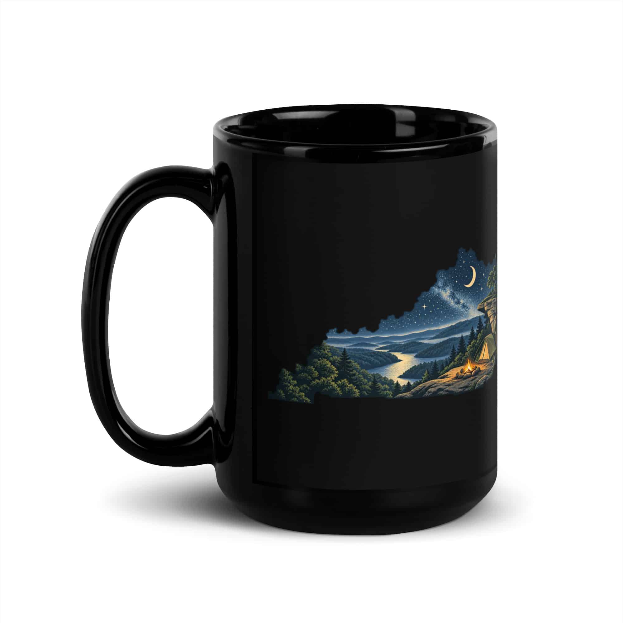 Kentucky Black Coffee Mug: Campsite beneath a starry sky, Illustrated Kentucky Silhouette