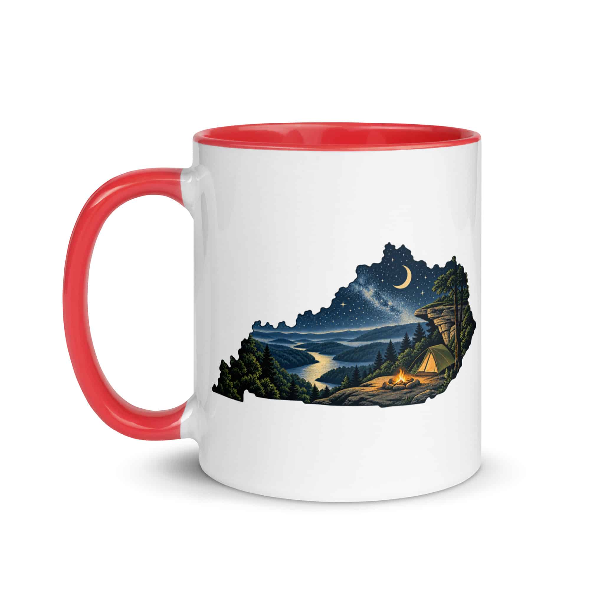Kentucky Color Inside Coffee Mug: Campsite beneath a starry sky, Illustrated Kentucky Silhouette