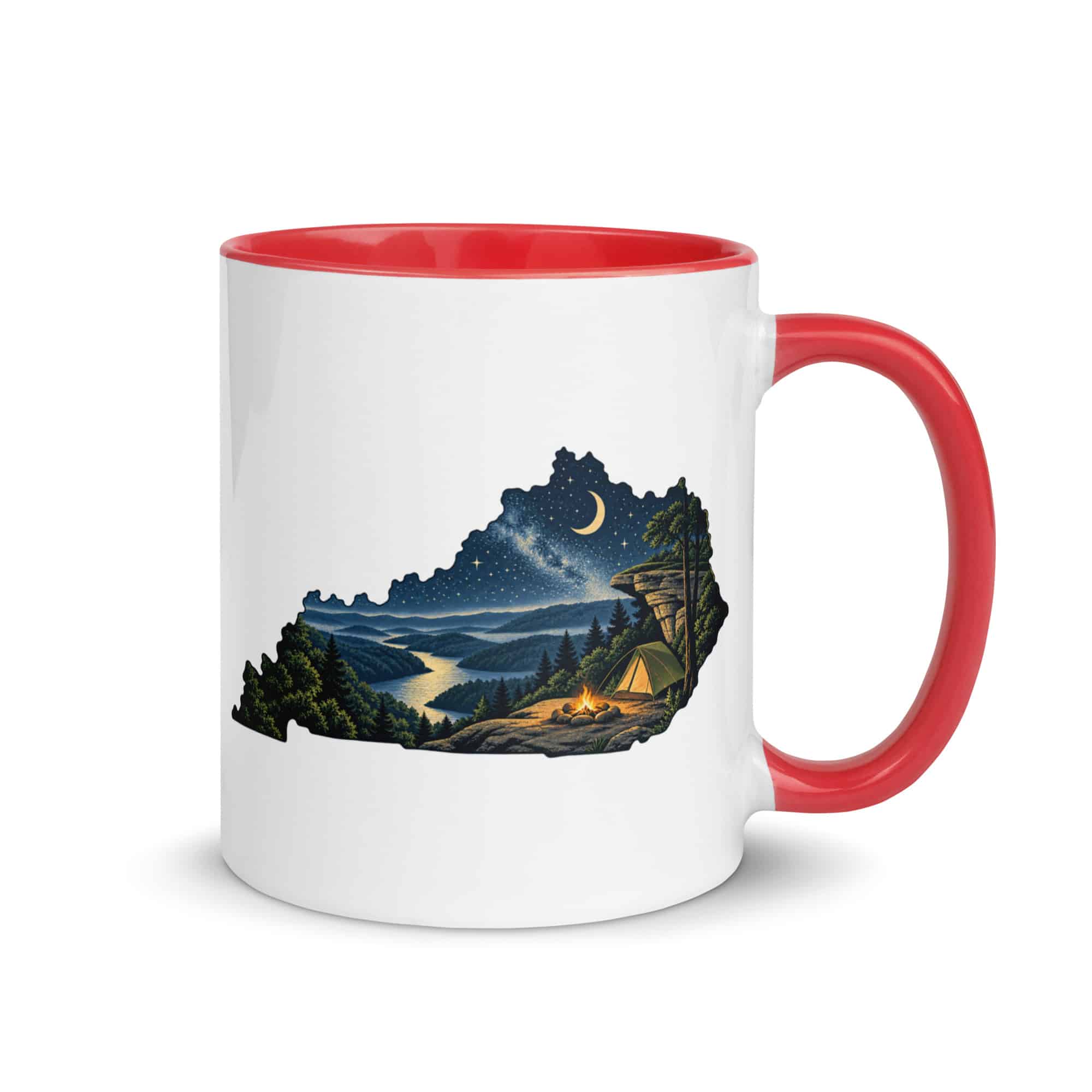 Kentucky Color Inside Coffee Mug: Campsite beneath a starry sky, Illustrated Kentucky Silhouette