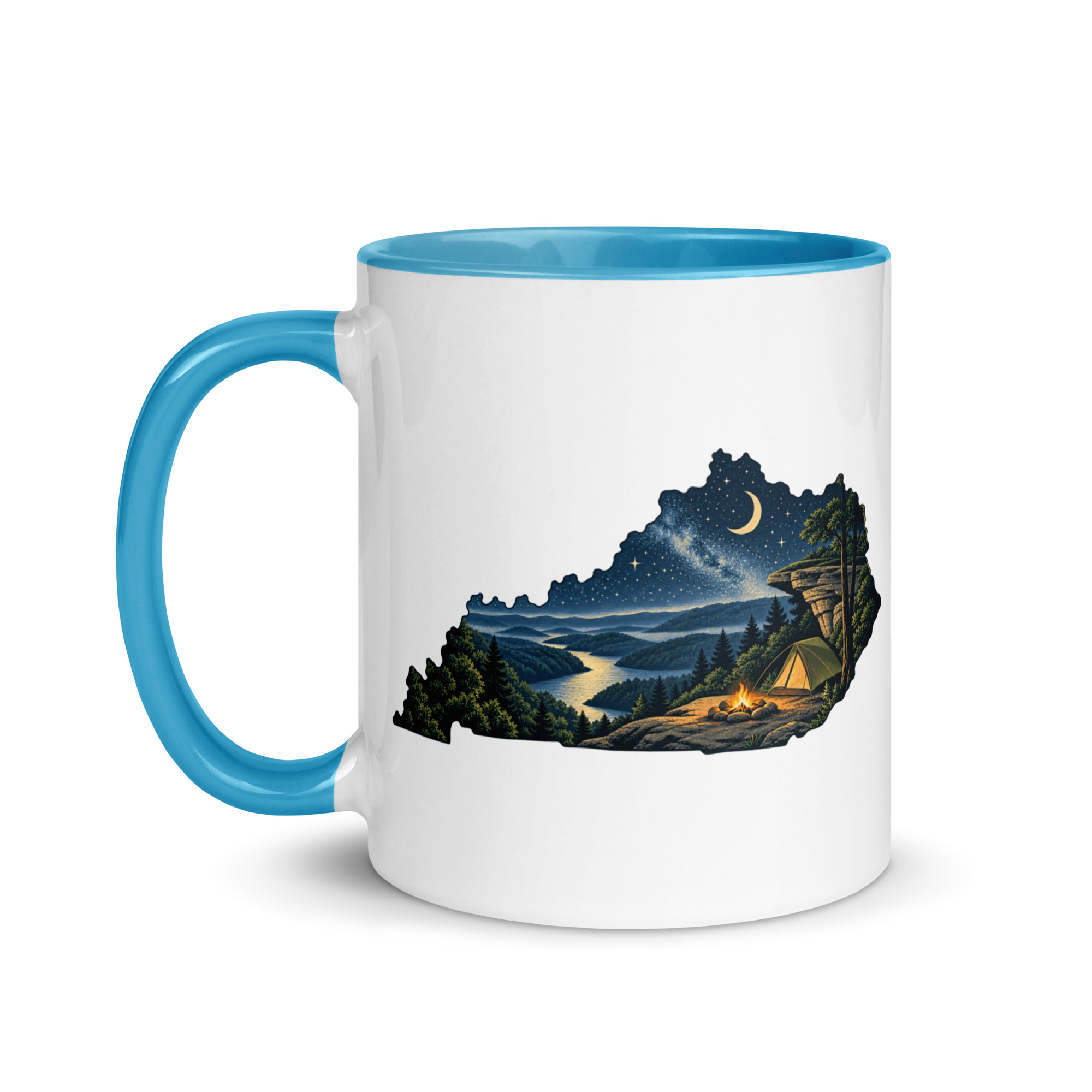 Kentucky Color Inside Coffee Mug: Campsite beneath a starry sky, Illustrated Kentucky Silhouette