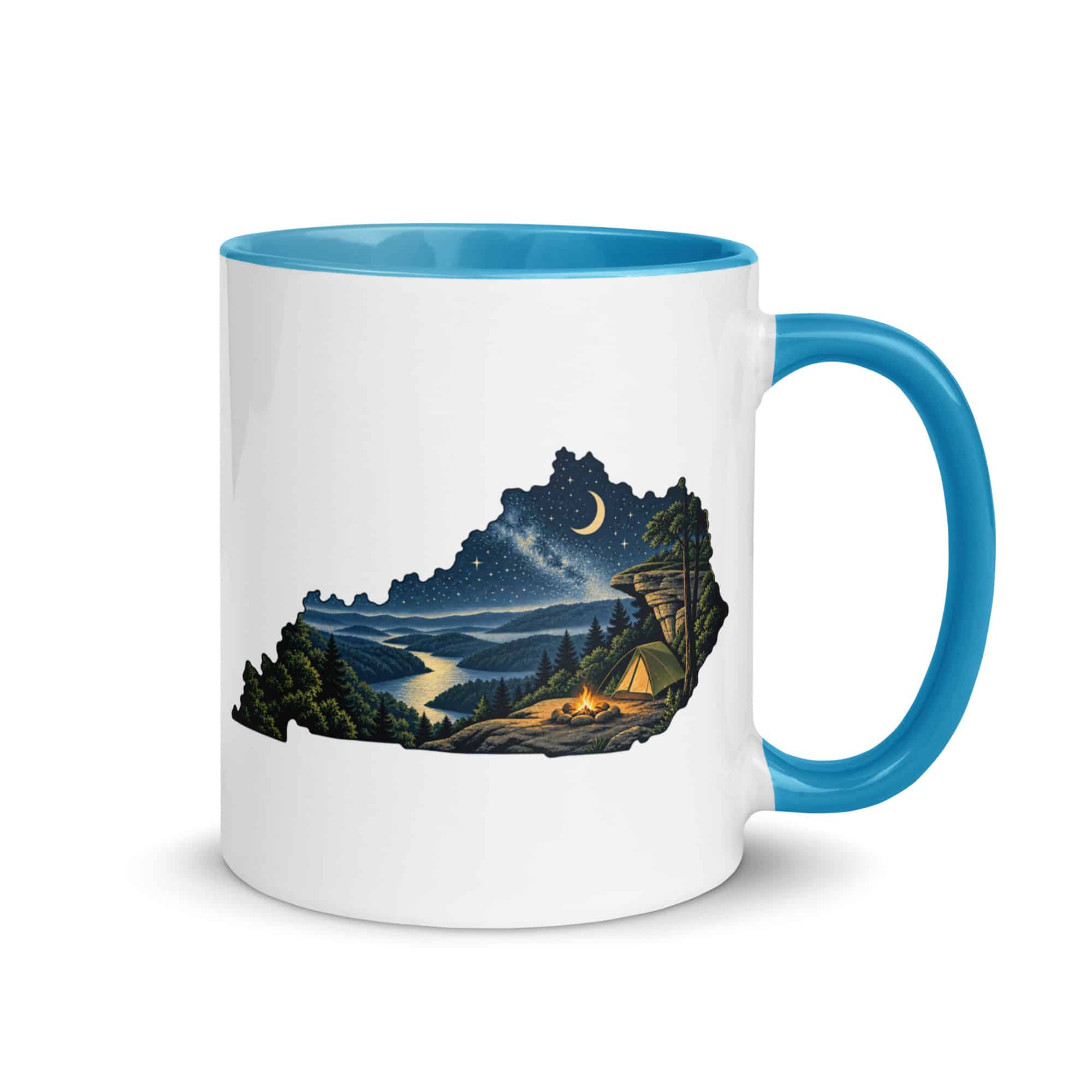 Kentucky Color Inside Coffee Mug: Campsite beneath a starry sky, Illustrated Kentucky Silhouette