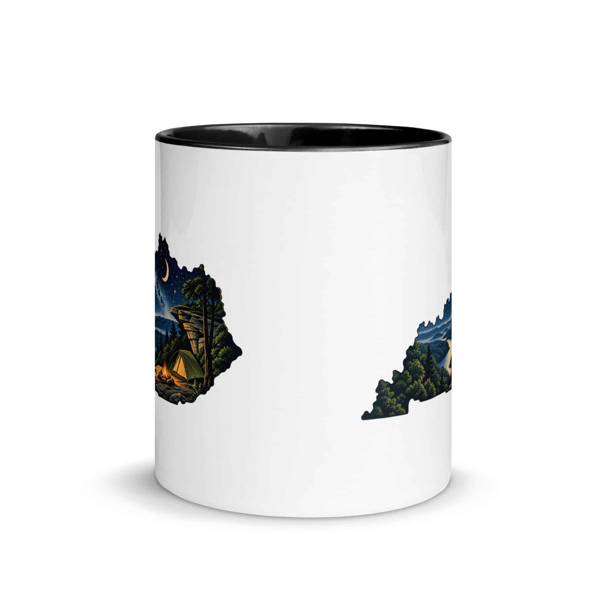 Kentucky Color Inside Coffee Mug: Campsite beneath a starry sky, Illustrated Kentucky Silhouette