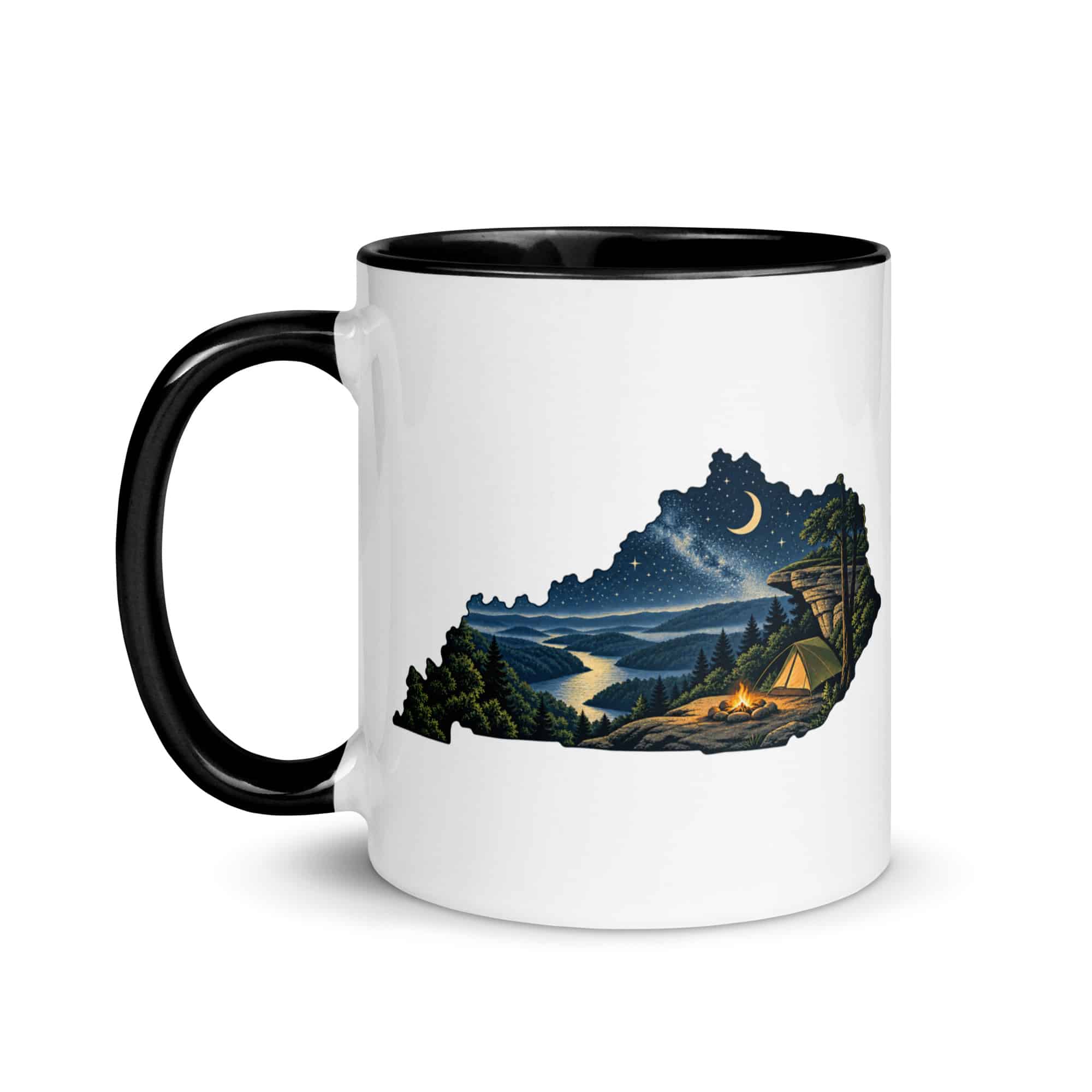 Kentucky Color Inside Coffee Mug: Campsite beneath a starry sky, Illustrated Kentucky Silhouette