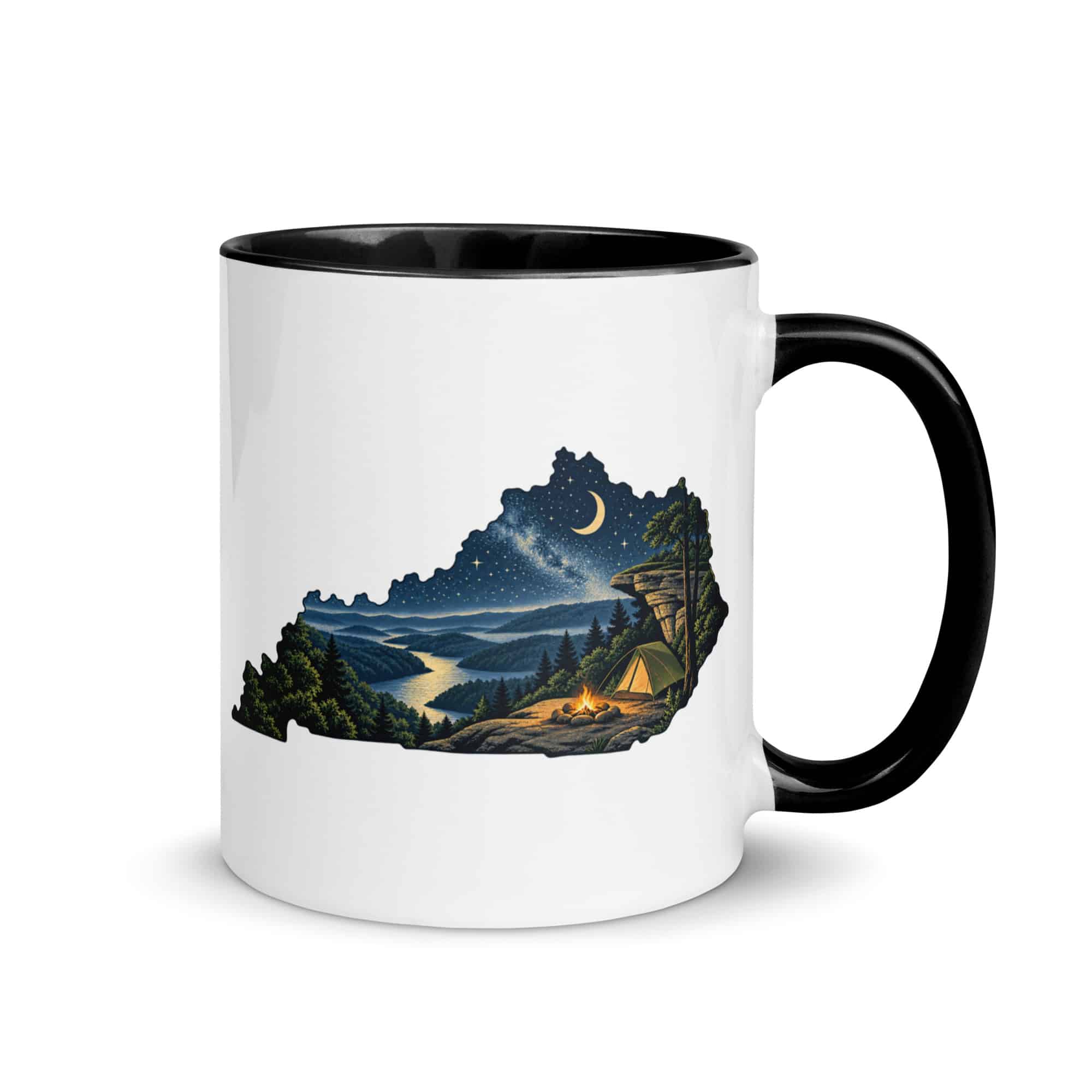 Kentucky Color Inside Coffee Mug: Campsite beneath a starry sky, Illustrated Kentucky Silhouette