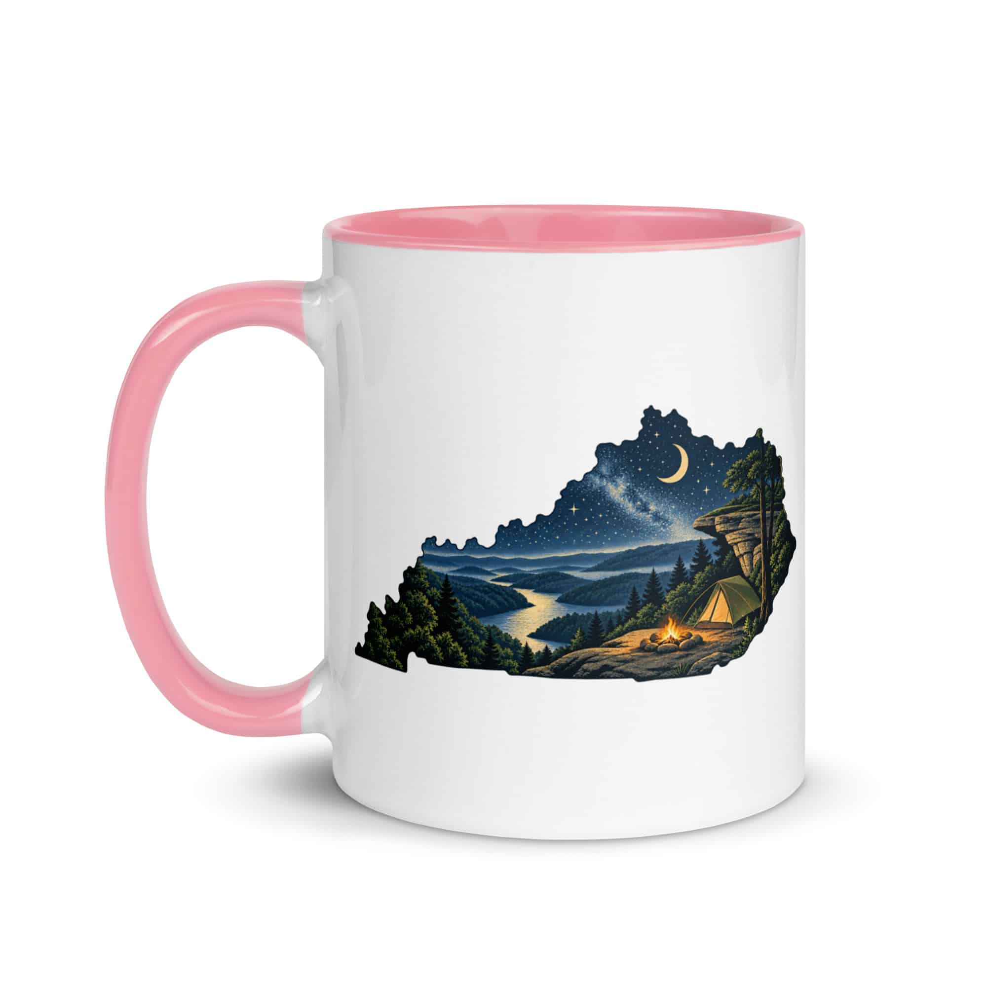 Kentucky Color Inside Coffee Mug: Campsite beneath a starry sky, Illustrated Kentucky Silhouette