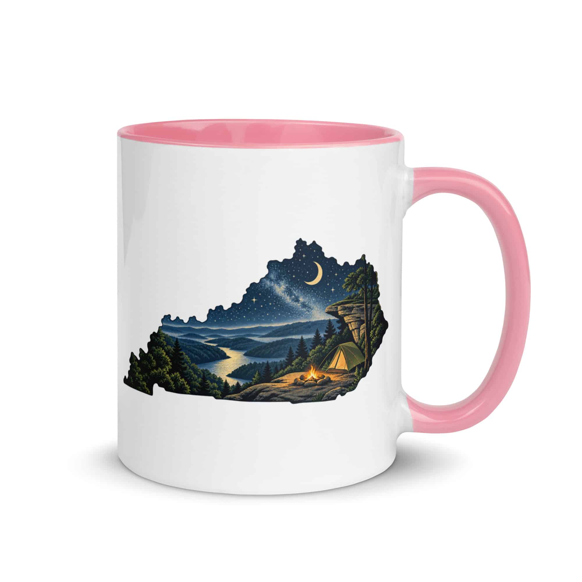 Kentucky Color Inside Coffee Mug: Campsite beneath a starry sky, Illustrated Kentucky Silhouette