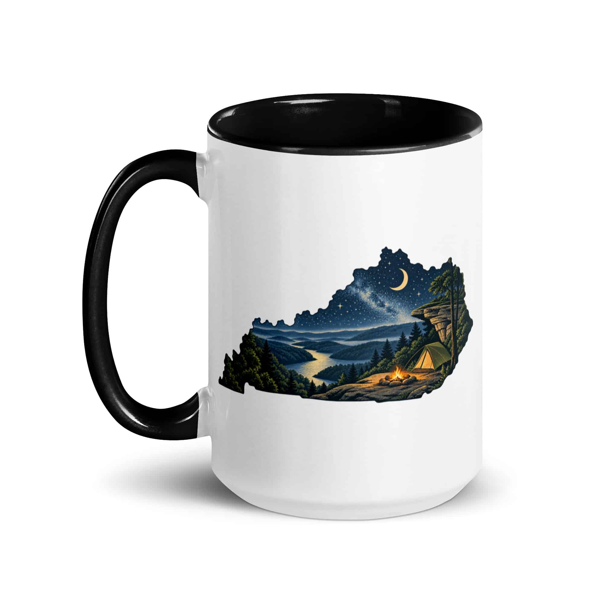 Kentucky Color Inside Coffee Mug: Campsite beneath a starry sky, Illustrated Kentucky Silhouette