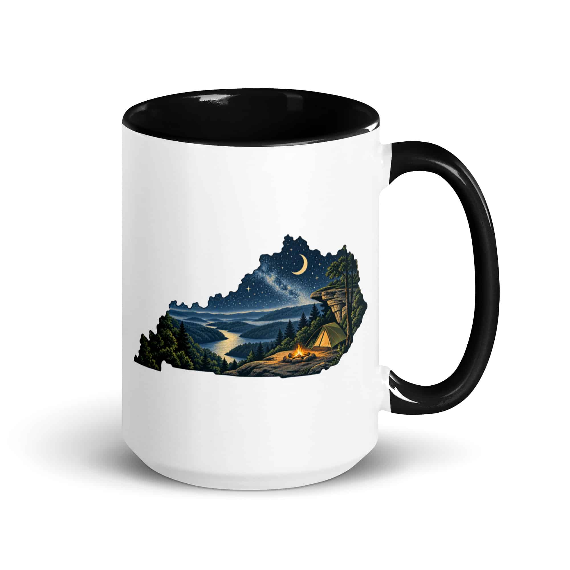 Kentucky Color Inside Coffee Mug: Campsite beneath a starry sky, Illustrated Kentucky Silhouette