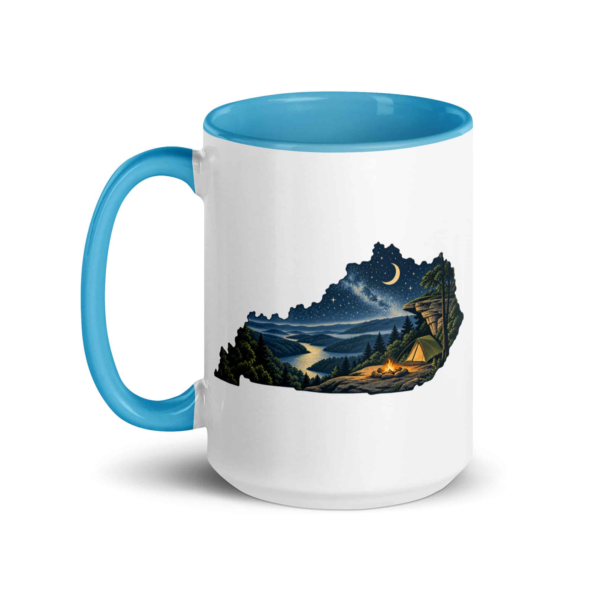 Kentucky Color Inside Coffee Mug: Campsite beneath a starry sky, Illustrated Kentucky Silhouette