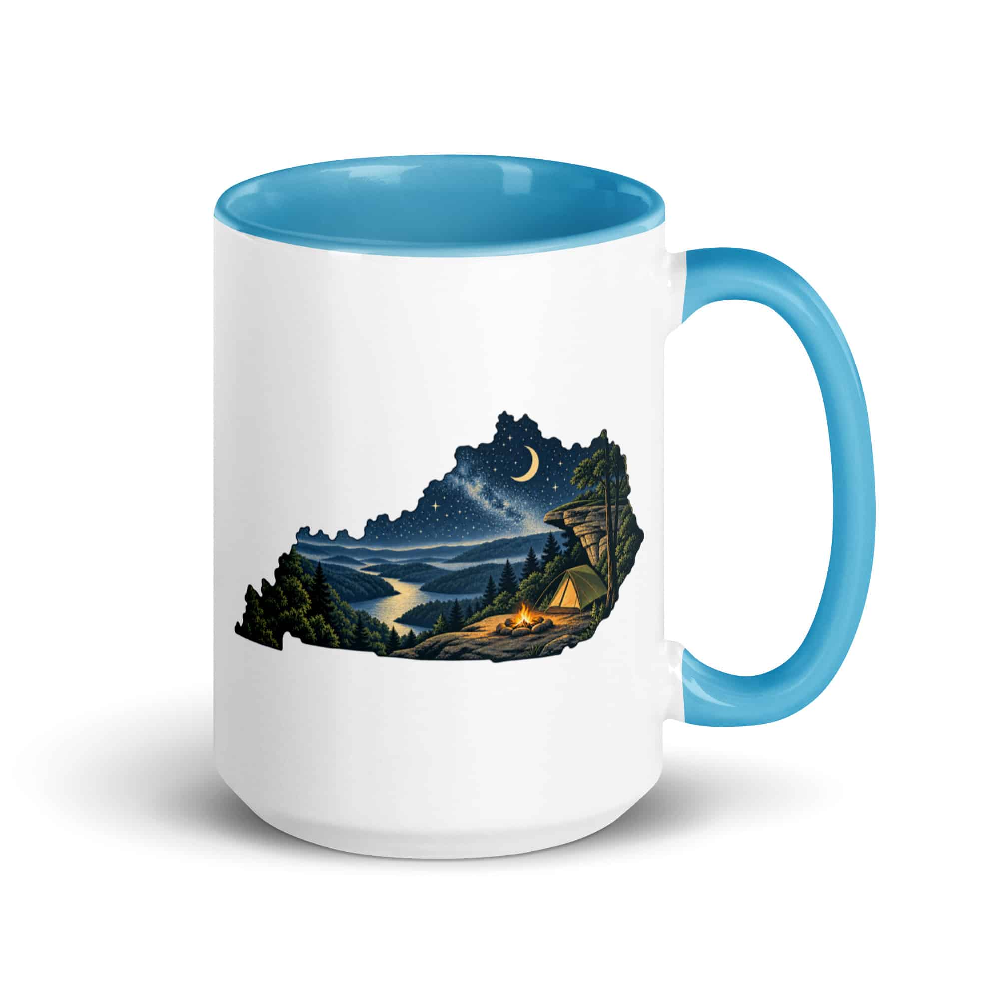 Kentucky Color Inside Coffee Mug: Campsite beneath a starry sky, Illustrated Kentucky Silhouette