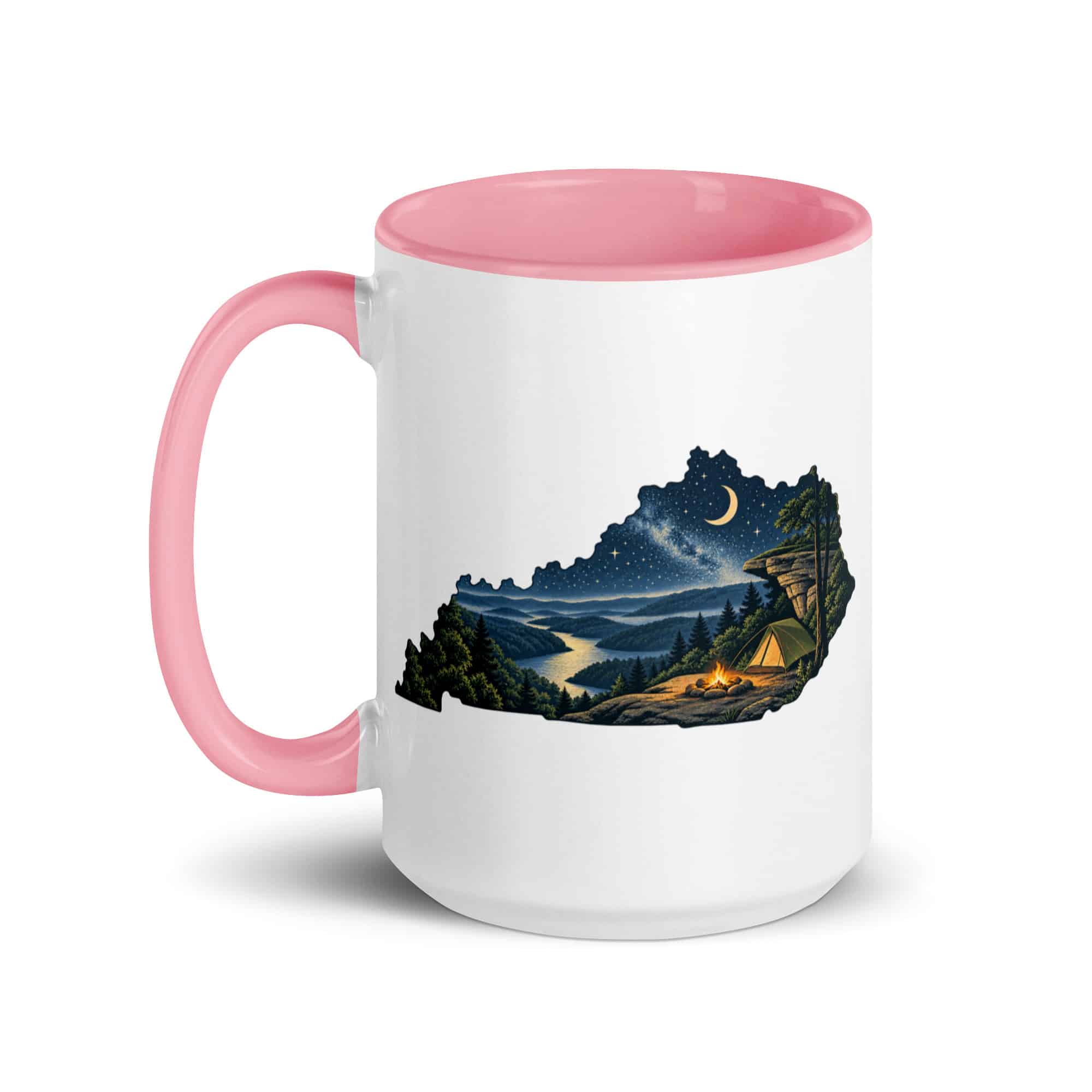 Kentucky Color Inside Coffee Mug: Campsite beneath a starry sky, Illustrated Kentucky Silhouette