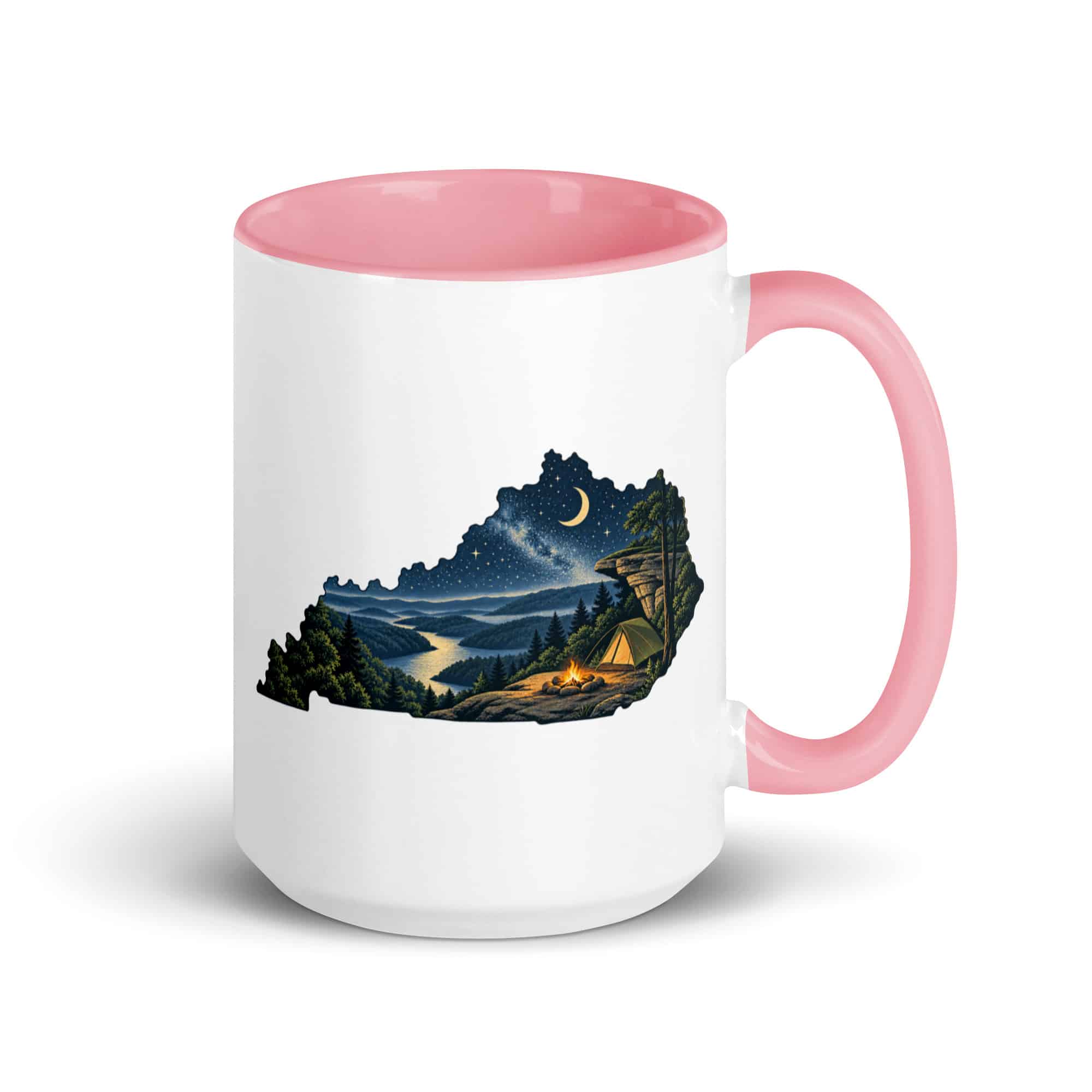 Kentucky Color Inside Coffee Mug: Campsite beneath a starry sky, Illustrated Kentucky Silhouette