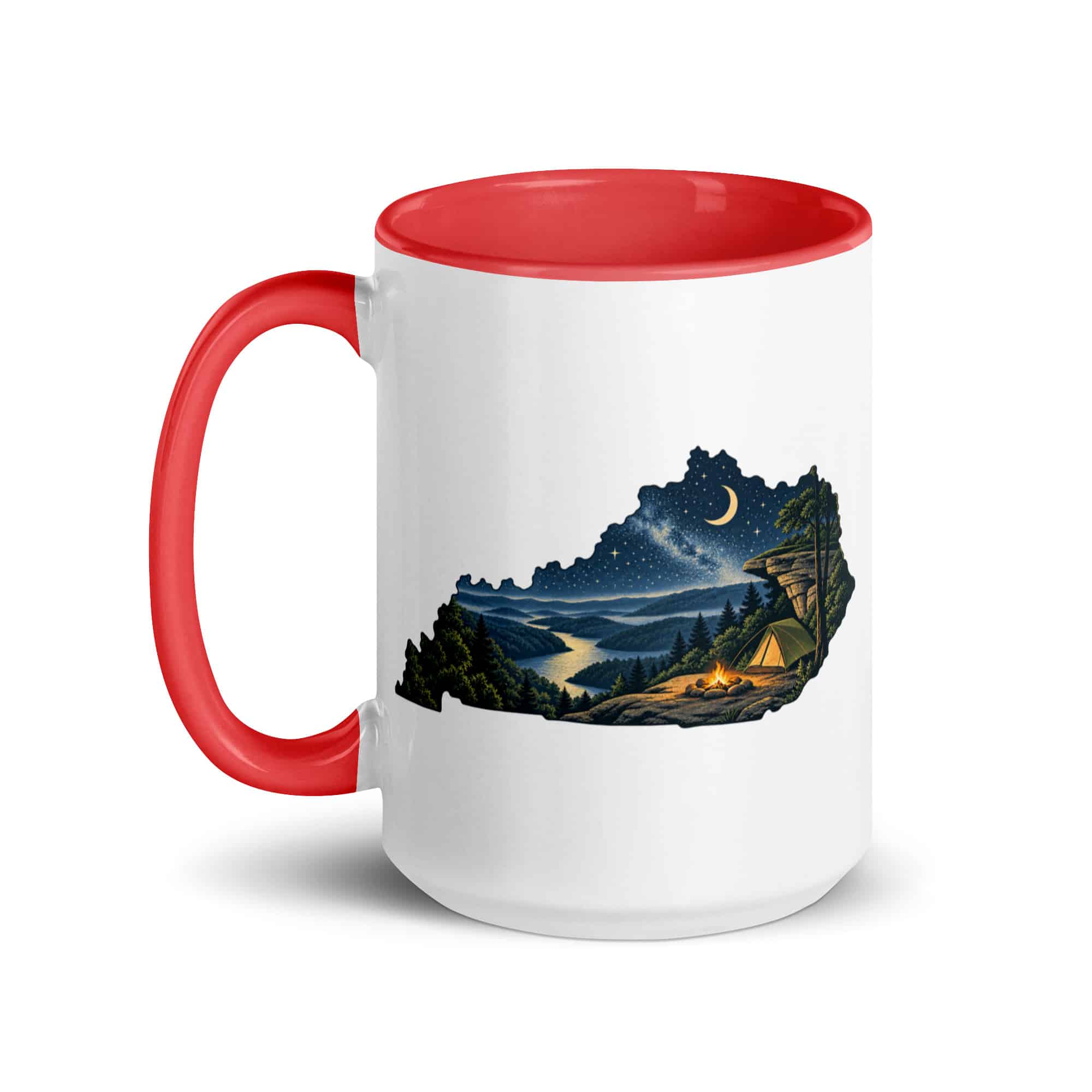 Kentucky Color Inside Coffee Mug: Campsite beneath a starry sky, Illustrated Kentucky Silhouette