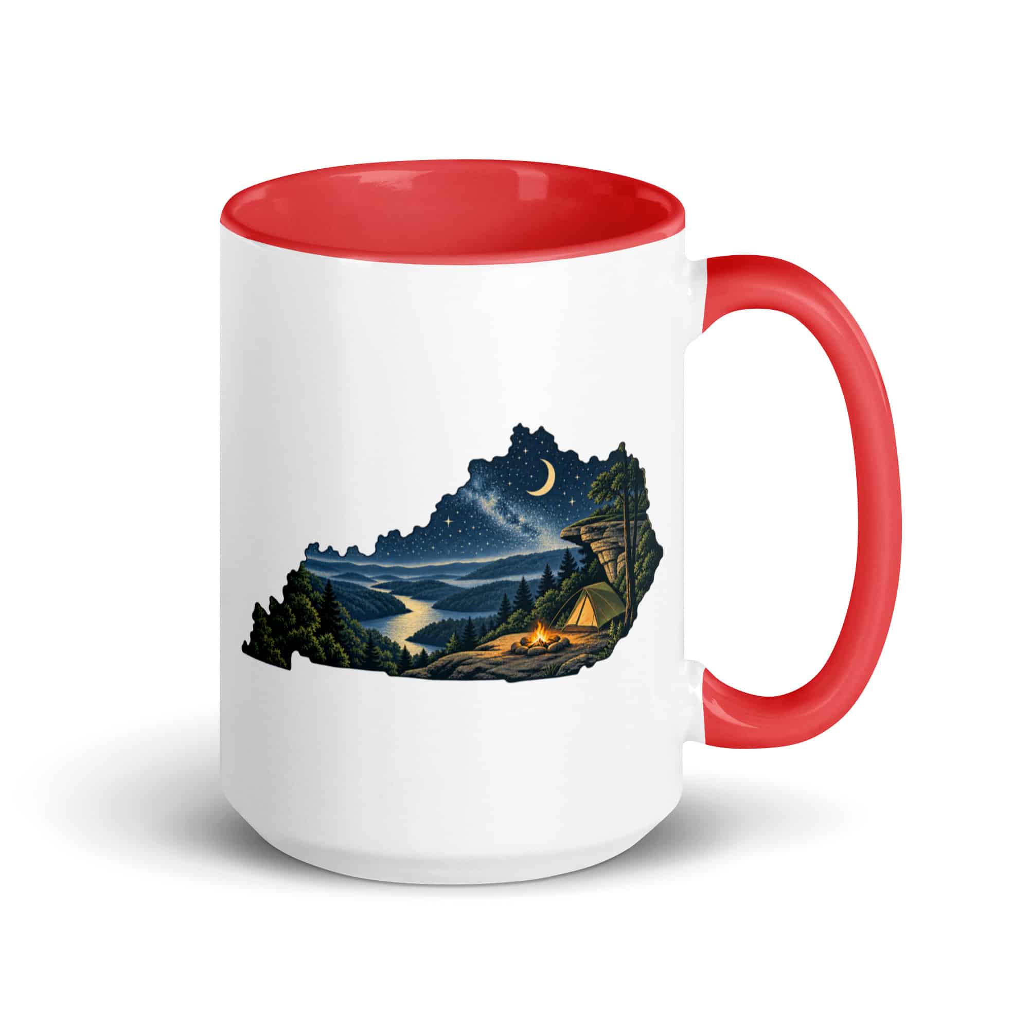 Kentucky Color Inside Coffee Mug: Campsite beneath a starry sky, Illustrated Kentucky Silhouette