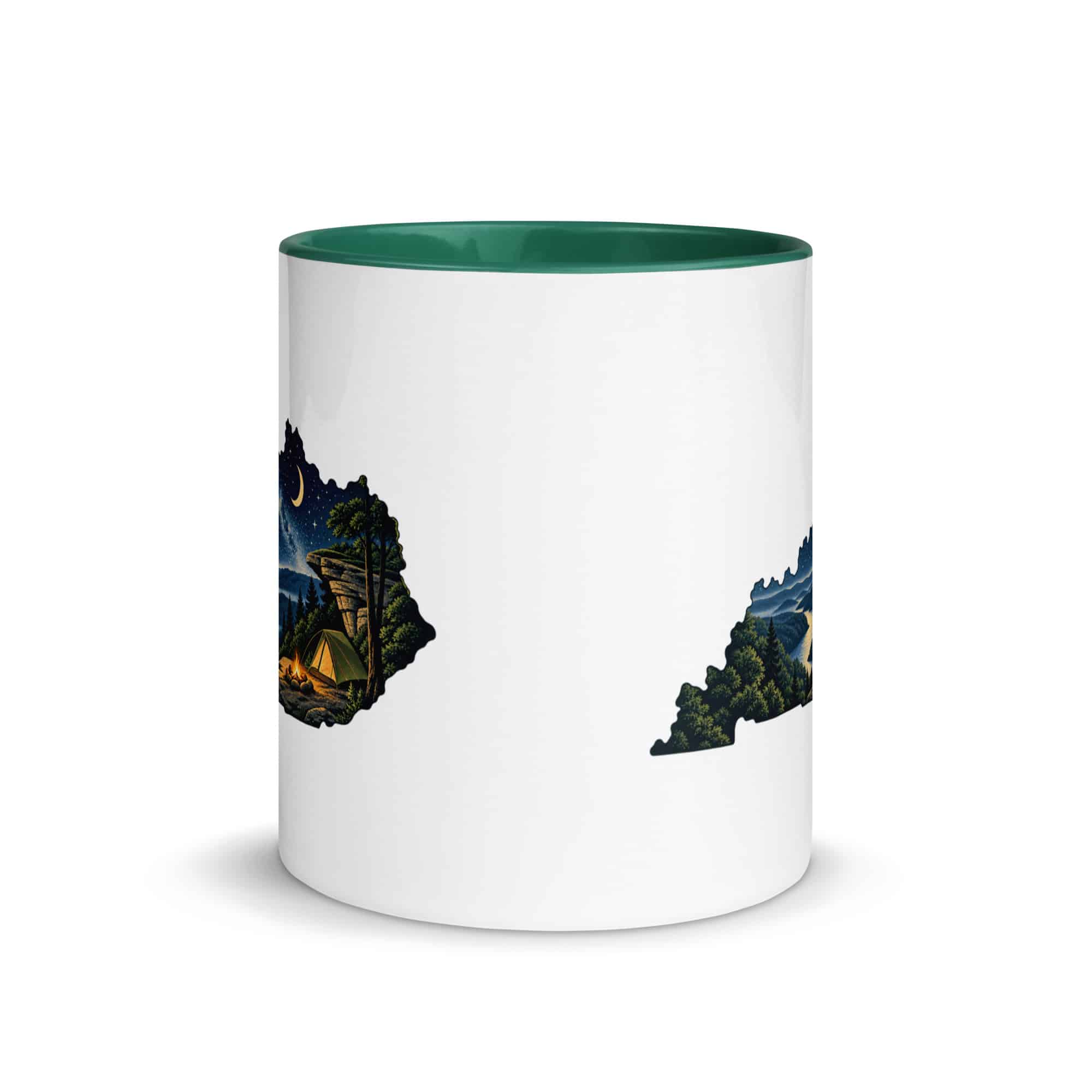 Kentucky Color Inside Coffee Mug: Campsite beneath a starry sky, Illustrated Kentucky Silhouette