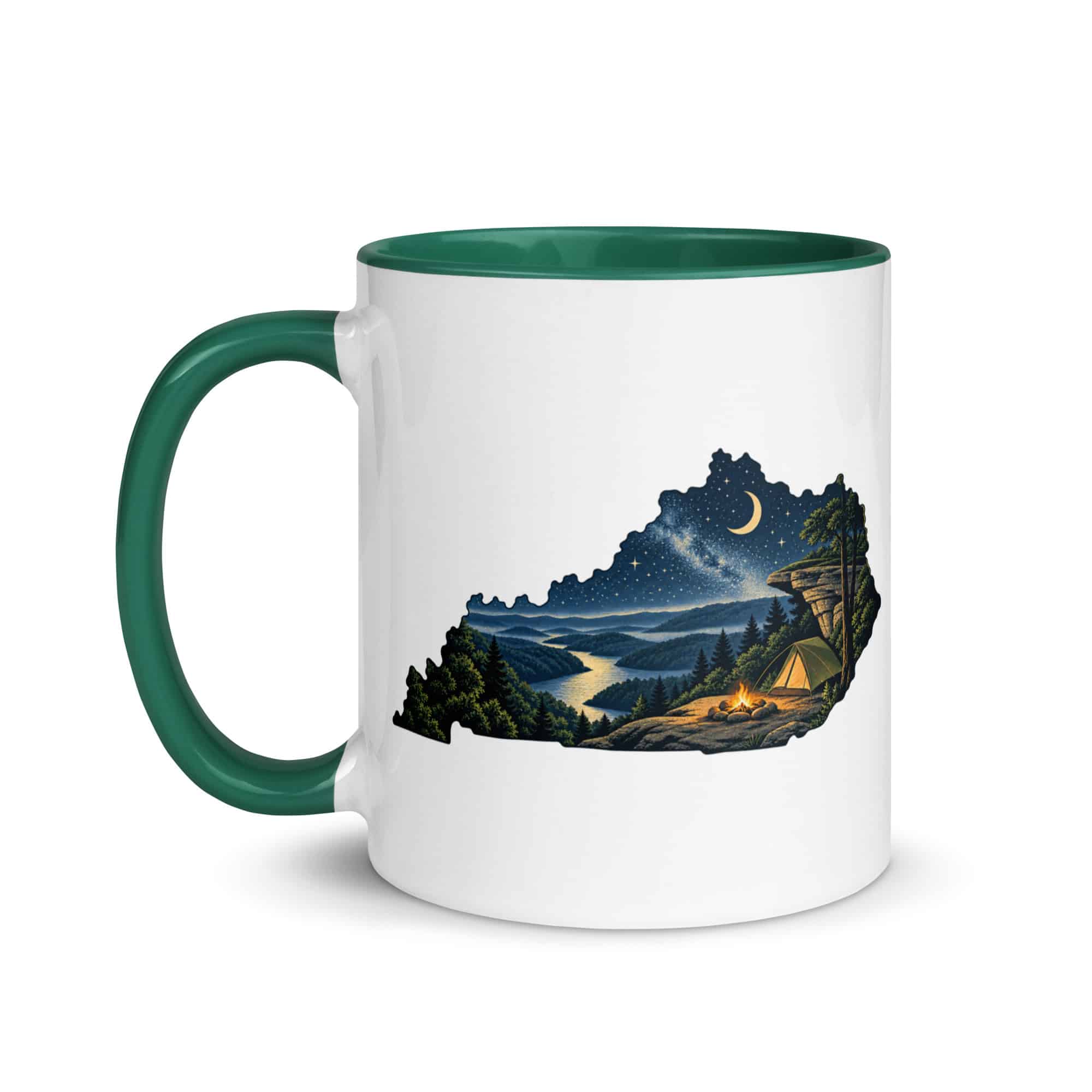 Kentucky Color Inside Coffee Mug: Campsite beneath a starry sky, Illustrated Kentucky Silhouette
