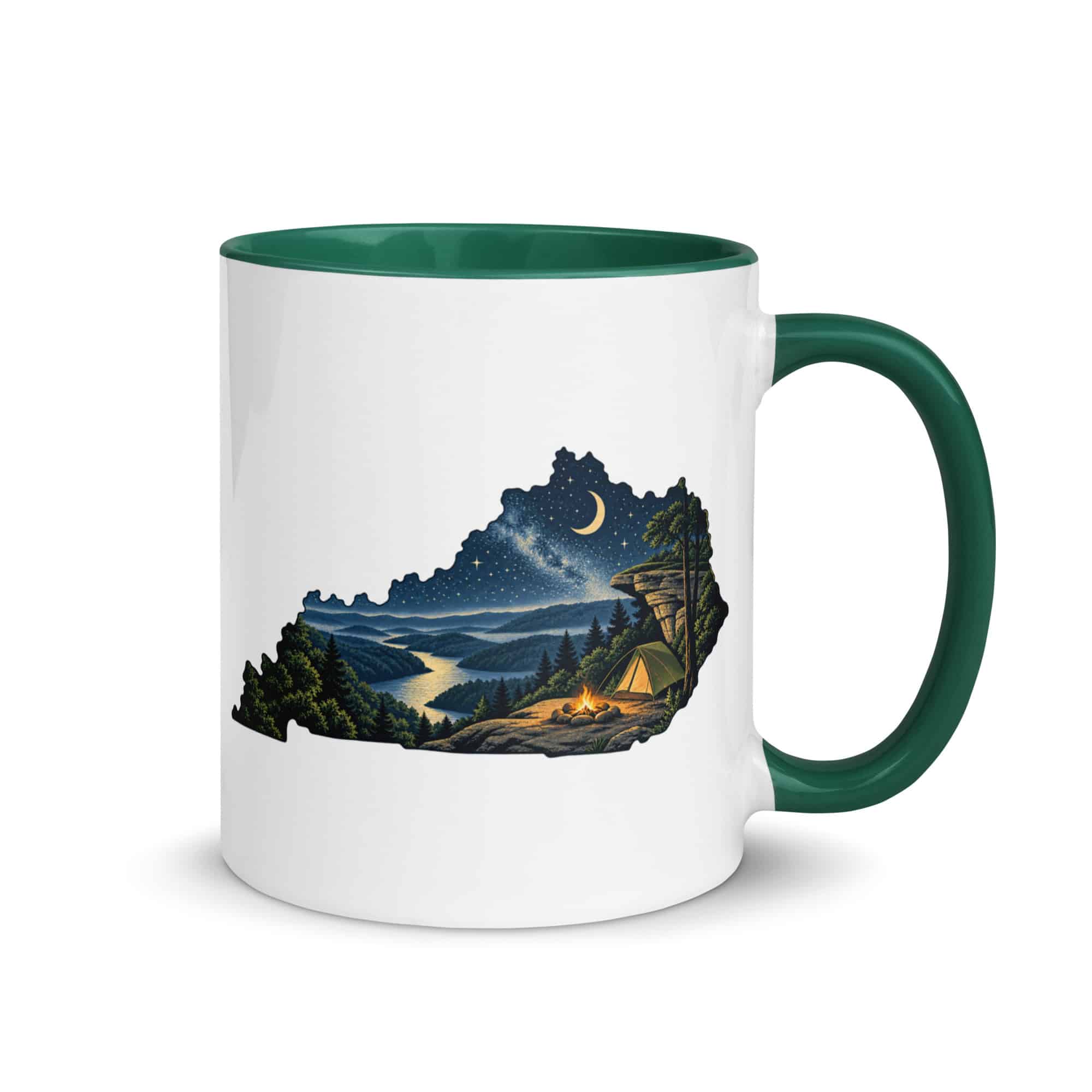 Kentucky Color Inside Coffee Mug: Campsite beneath a starry sky, Illustrated Kentucky Silhouette