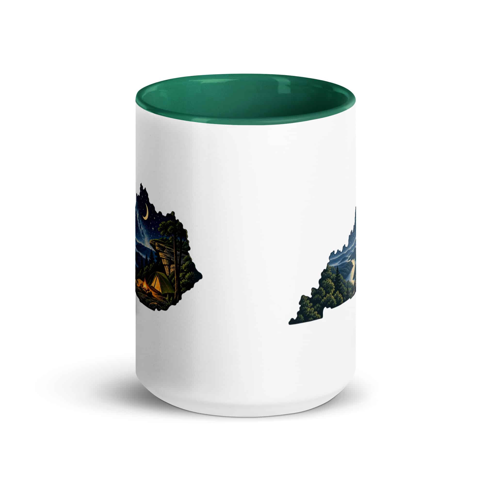 Kentucky Color Inside Coffee Mug: Campsite beneath a starry sky, Illustrated Kentucky Silhouette