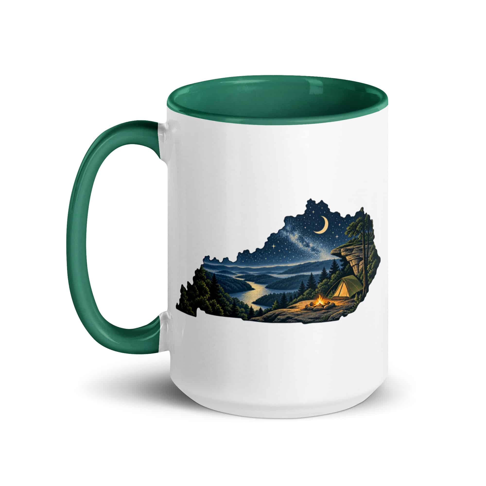 Kentucky Color Inside Coffee Mug: Campsite beneath a starry sky, Illustrated Kentucky Silhouette