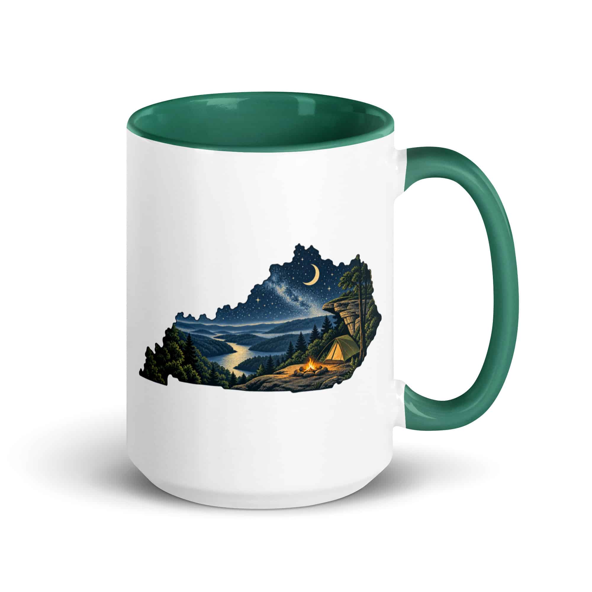 Kentucky Color Inside Coffee Mug: Campsite beneath a starry sky, Illustrated Kentucky Silhouette