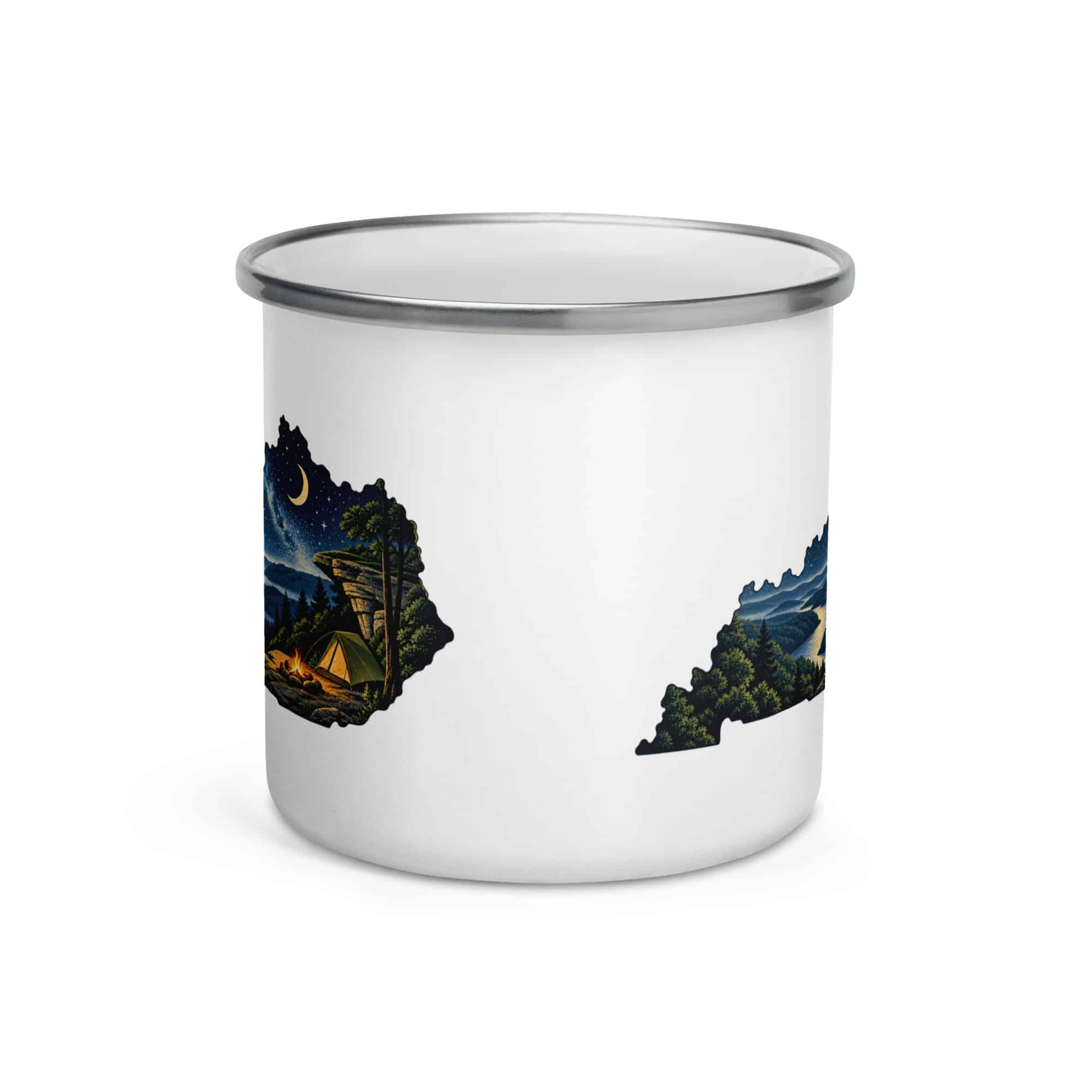 Kentucky Enamel Camp Mug: Campsite beneath a starry sky, Illustrated Kentucky Silhouette