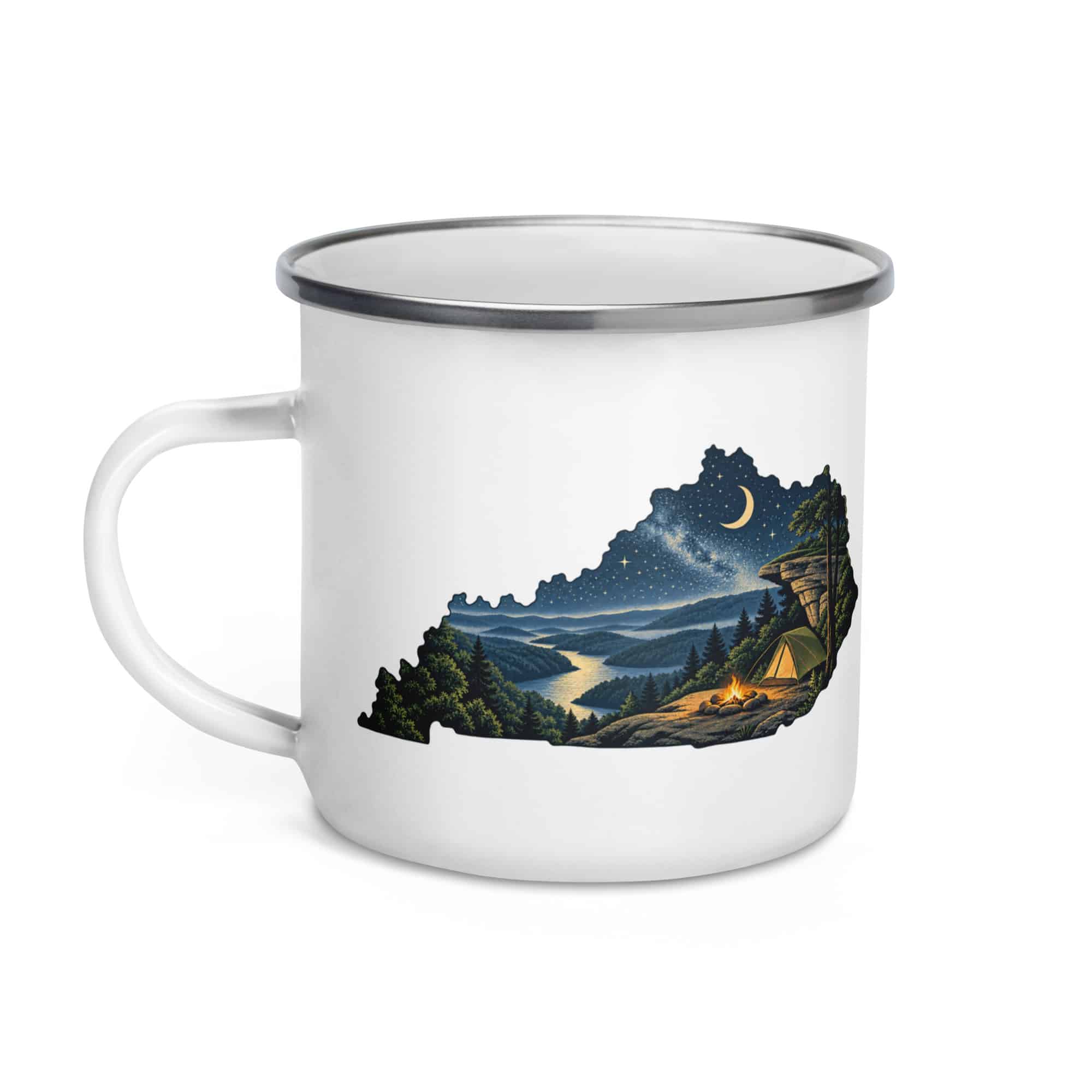 Kentucky Enamel Camp Mug: Campsite beneath a starry sky, Illustrated Kentucky Silhouette