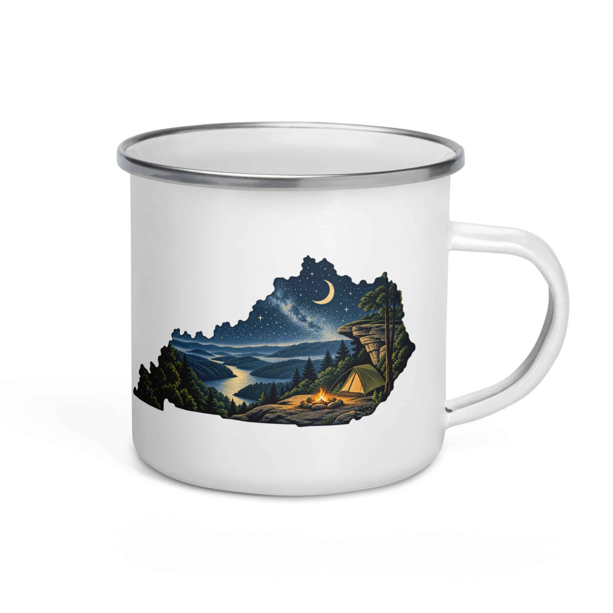 Kentucky Enamel Camp Mug: Campsite beneath a starry sky, Illustrated Kentucky Silhouette