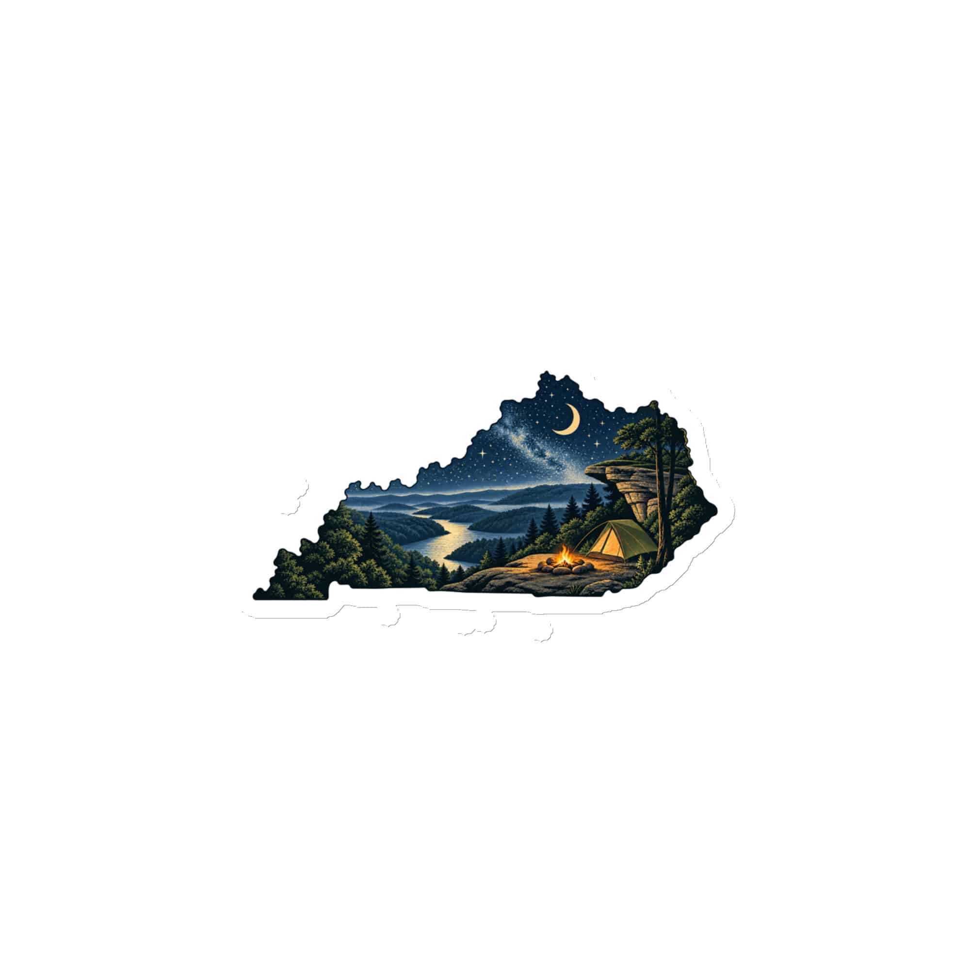Kentucky Die-Cut Magnet: Campsite beneath a starry sky, Illustrated Kentucky Silhouette