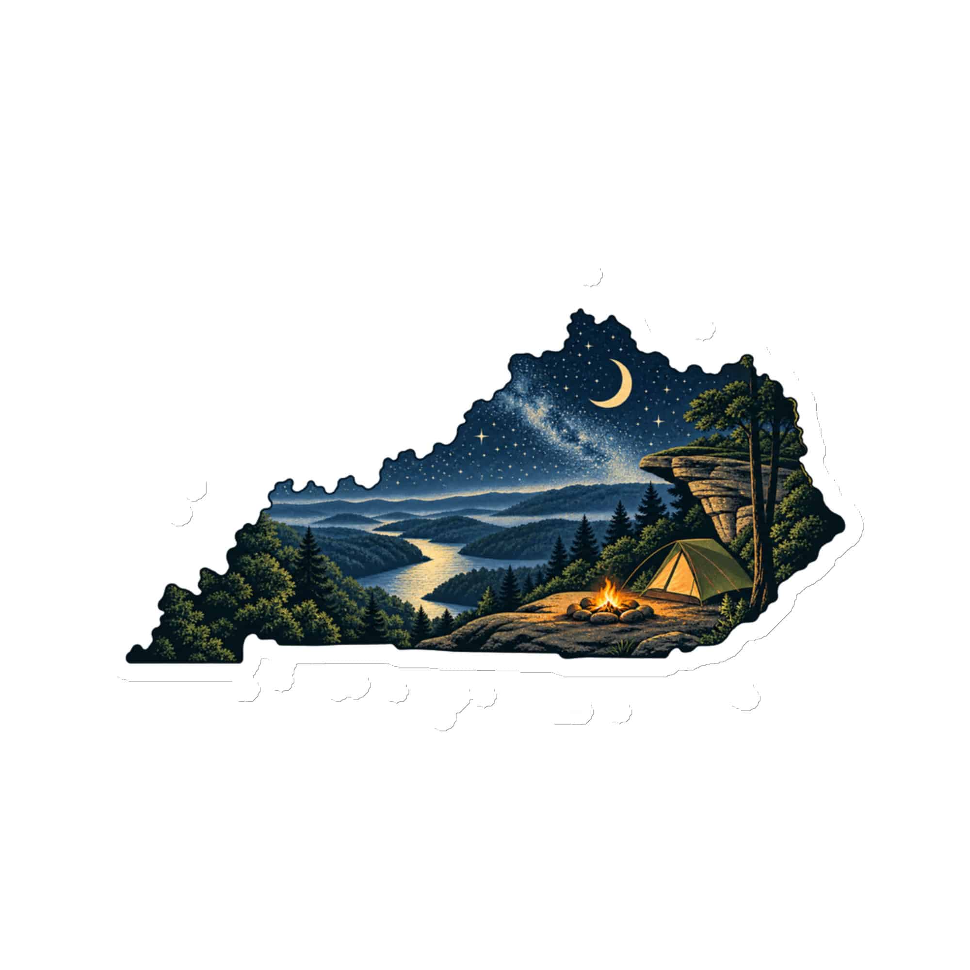 Kentucky Die-Cut Magnet: Campsite beneath a starry sky, Illustrated Kentucky Silhouette