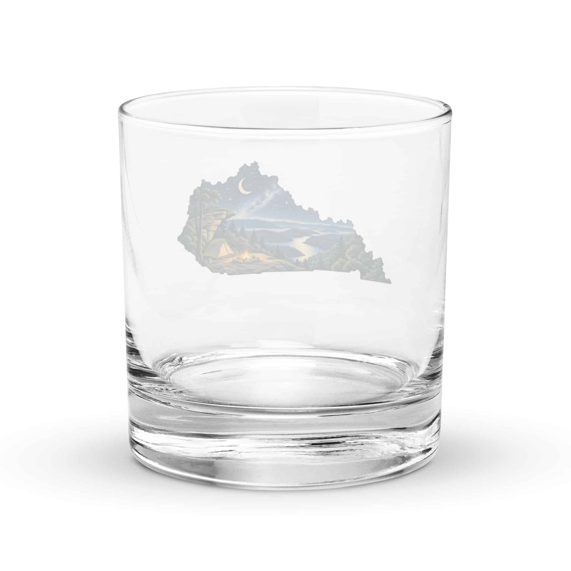 Kentucky Rocks Glass: Campsite beneath a starry sky, Illustrated Kentucky Silhouette