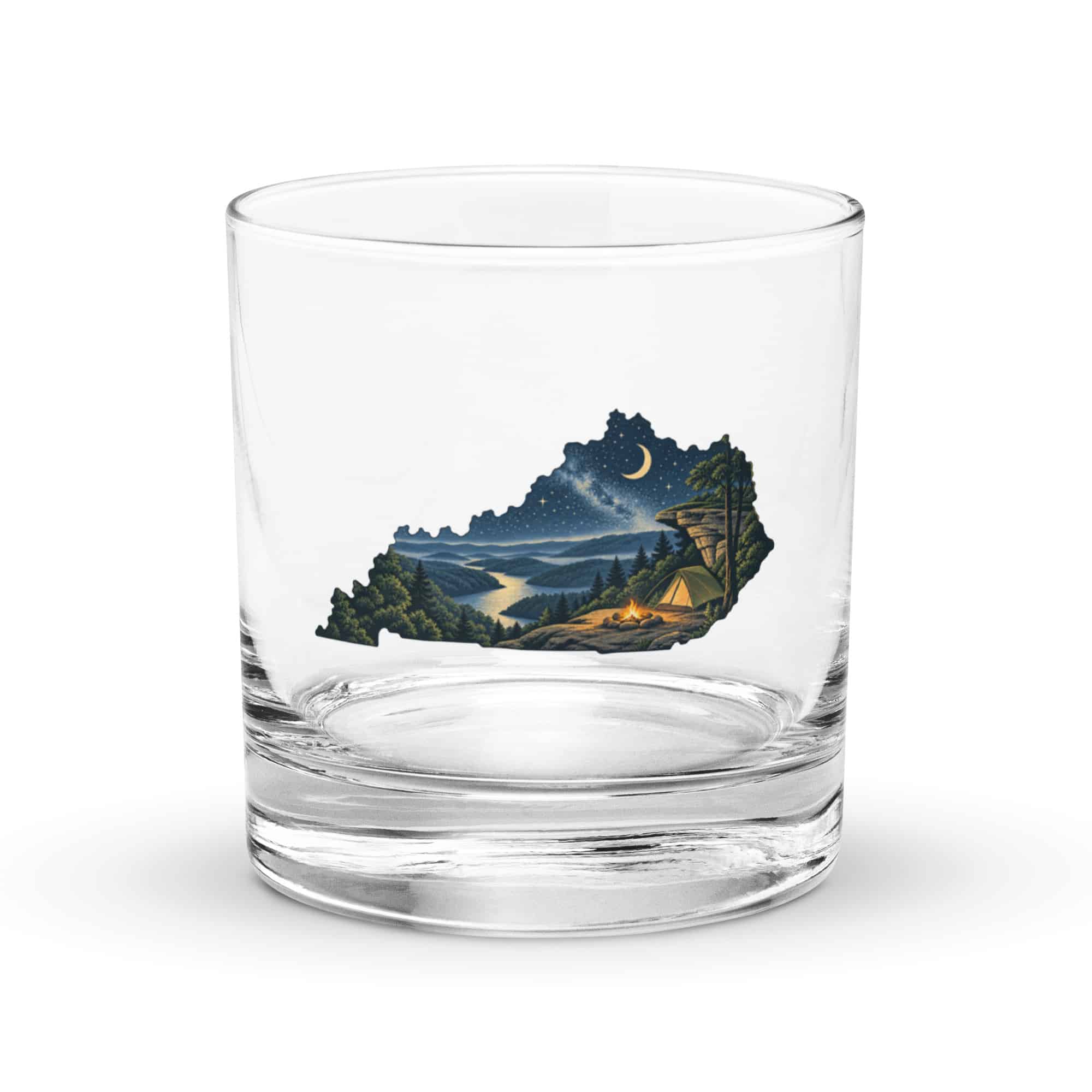 Kentucky Rocks Glass: Campsite beneath a starry sky, Illustrated Kentucky Silhouette