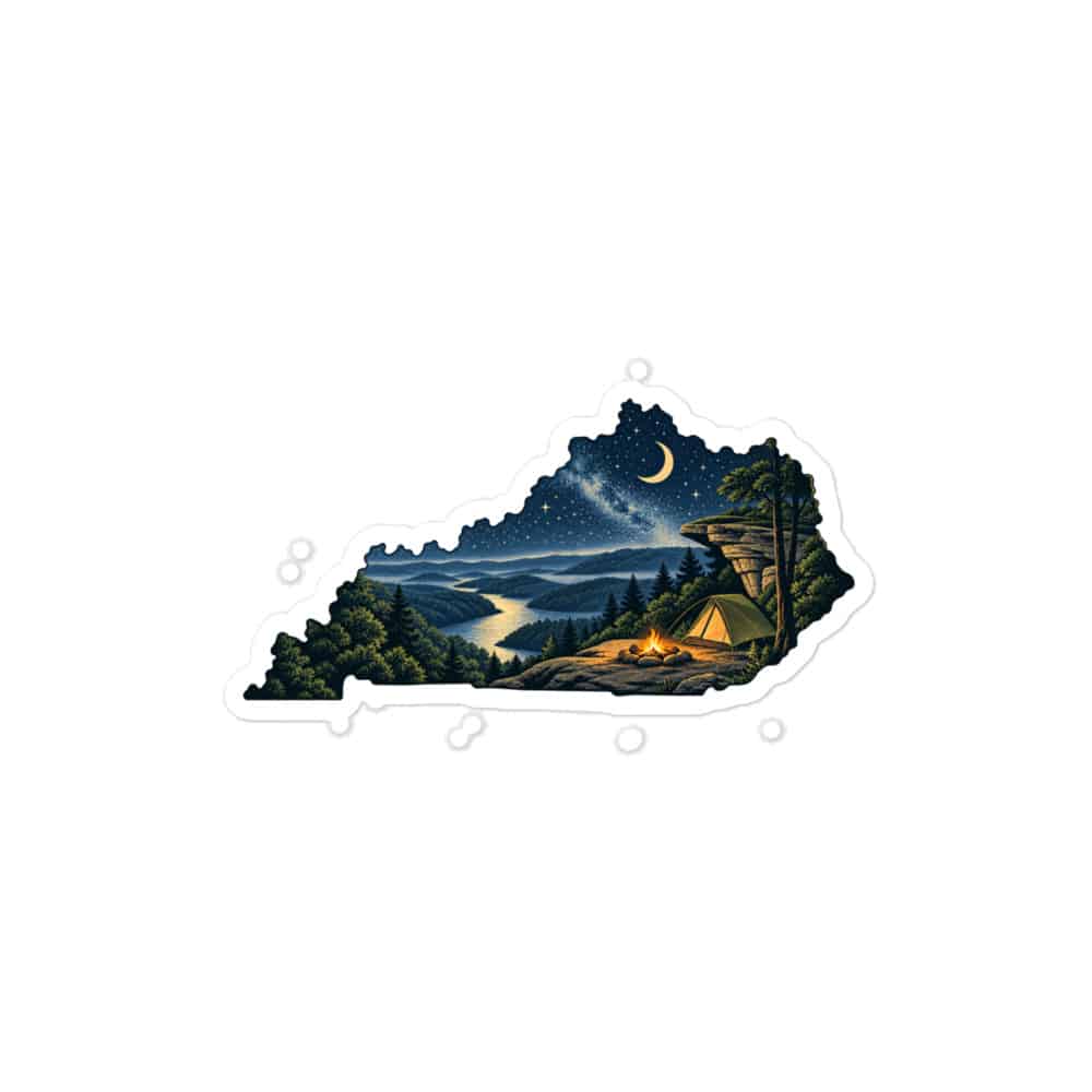 Kentucky Vinyl Sticker: Campsite beneath a starry sky, Illustrated Kentucky Silhouette